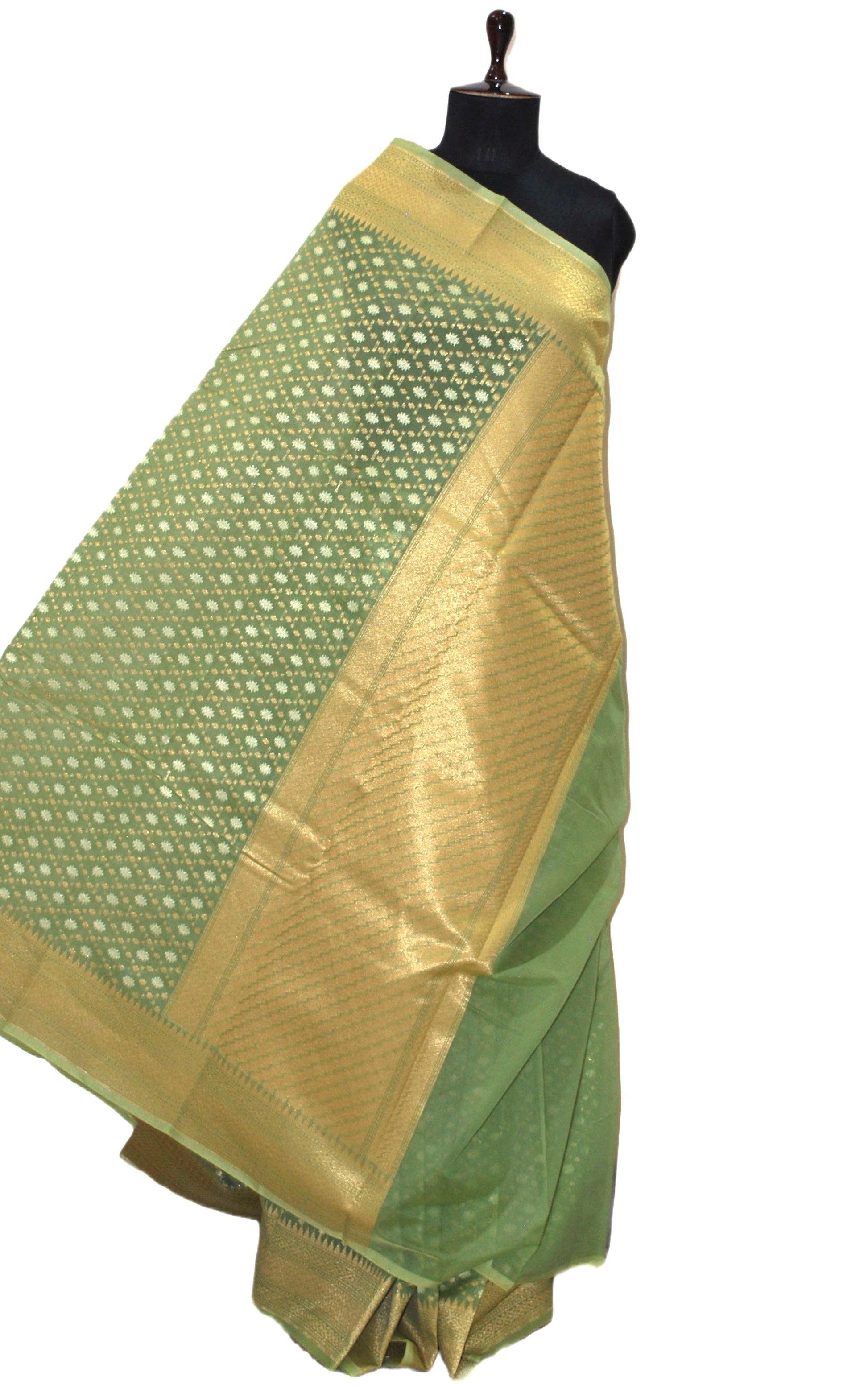 Handwoven Cotton Banarasi Saree in Asparagus Green and Muted Gold Matte Zari Work