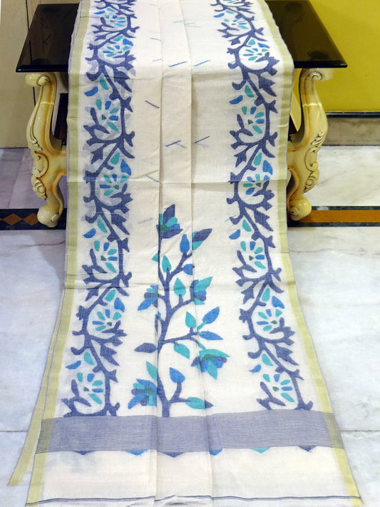 Premium Quality Hand Work Cotton Dhakai Jamdani Saree in Off White and Multi Shades of Blue Woven Thread Work