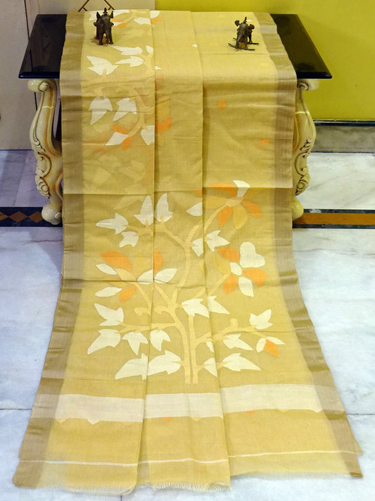 Premium Quality Hand Work Cotton Dhakai Jamdani Saree in Biscotti, Beige, Off White and Apricot Thread Work