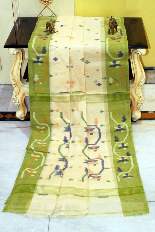 Hand Woven Cotton Dhakai Jamdani Saree in Cream, Apple Green and Multicolored Thread Work