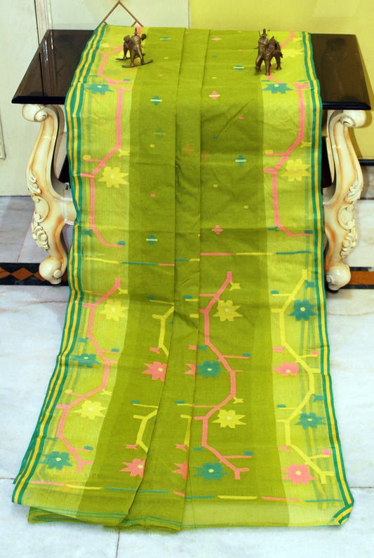 Hand Woven Cotton Dhakai Jamdani Saree in Apple Green and Multicolored Thread Work