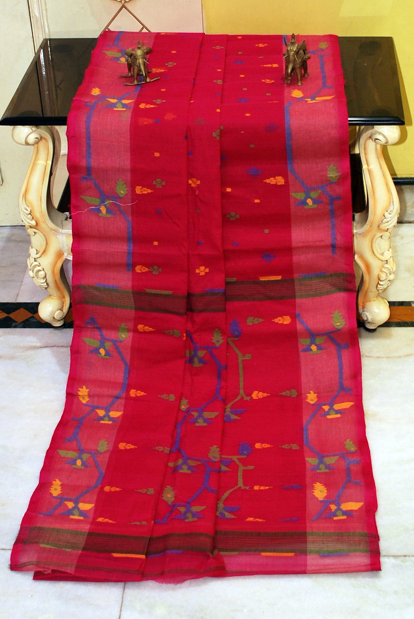 Hand Woven Cotton Dhakai Jamdani Saree in Cerise Pink and Multicolored Thread Work