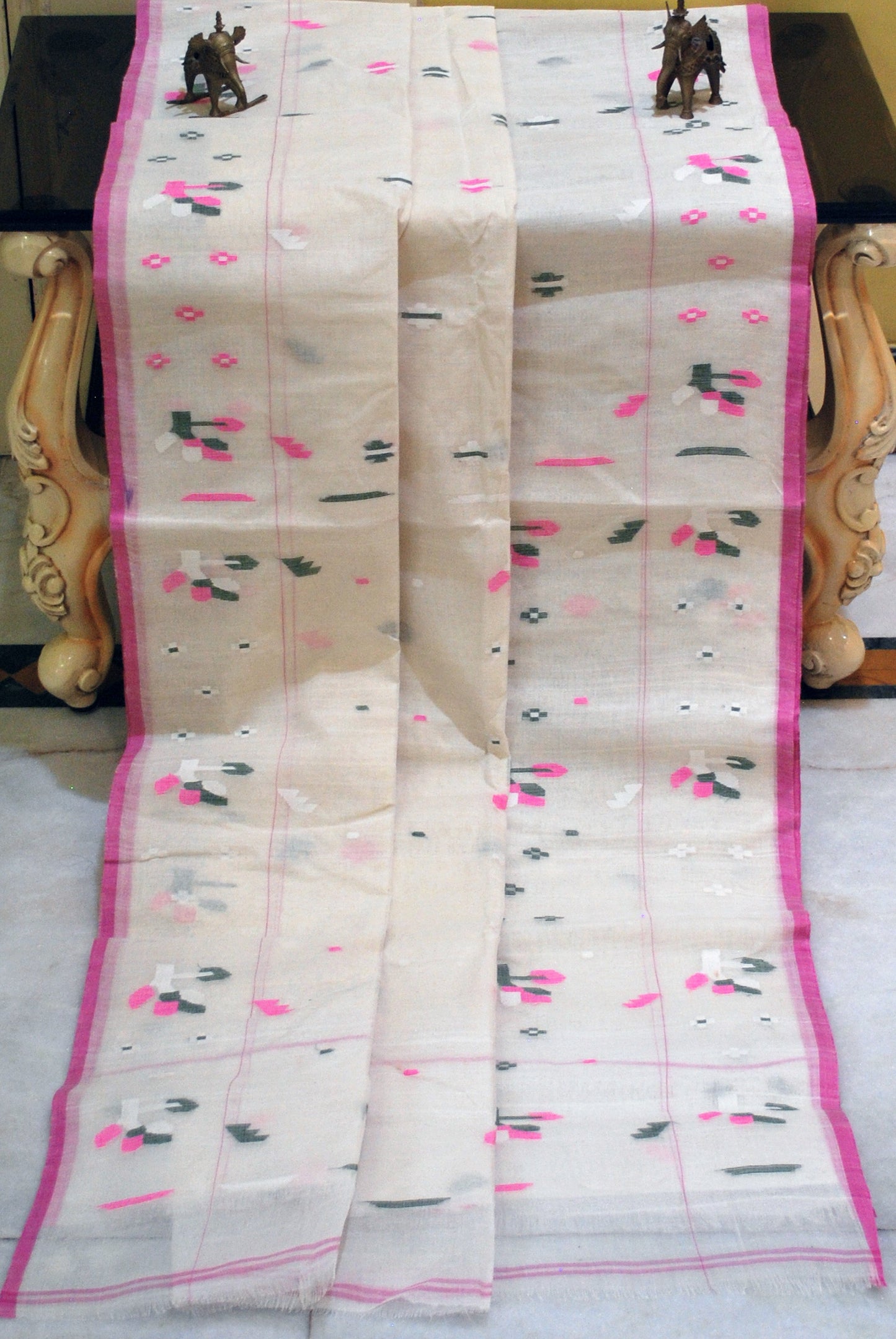 Traditional Hand Karat Work Cotton Jamdani Saree in Linen White, Pink, Black and Off White Thread Work