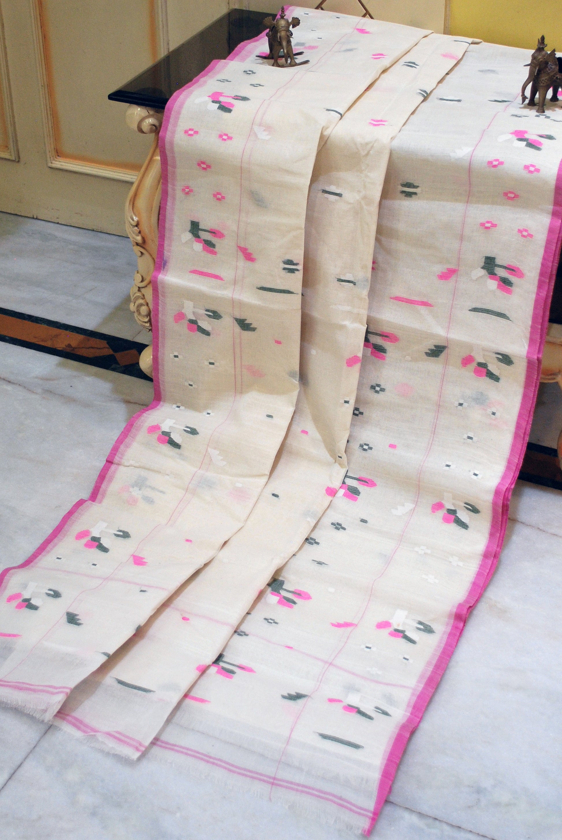 Traditional Hand Karat Work Cotton Jamdani Saree in Linen White, Pink, Black and Off White Thread Work