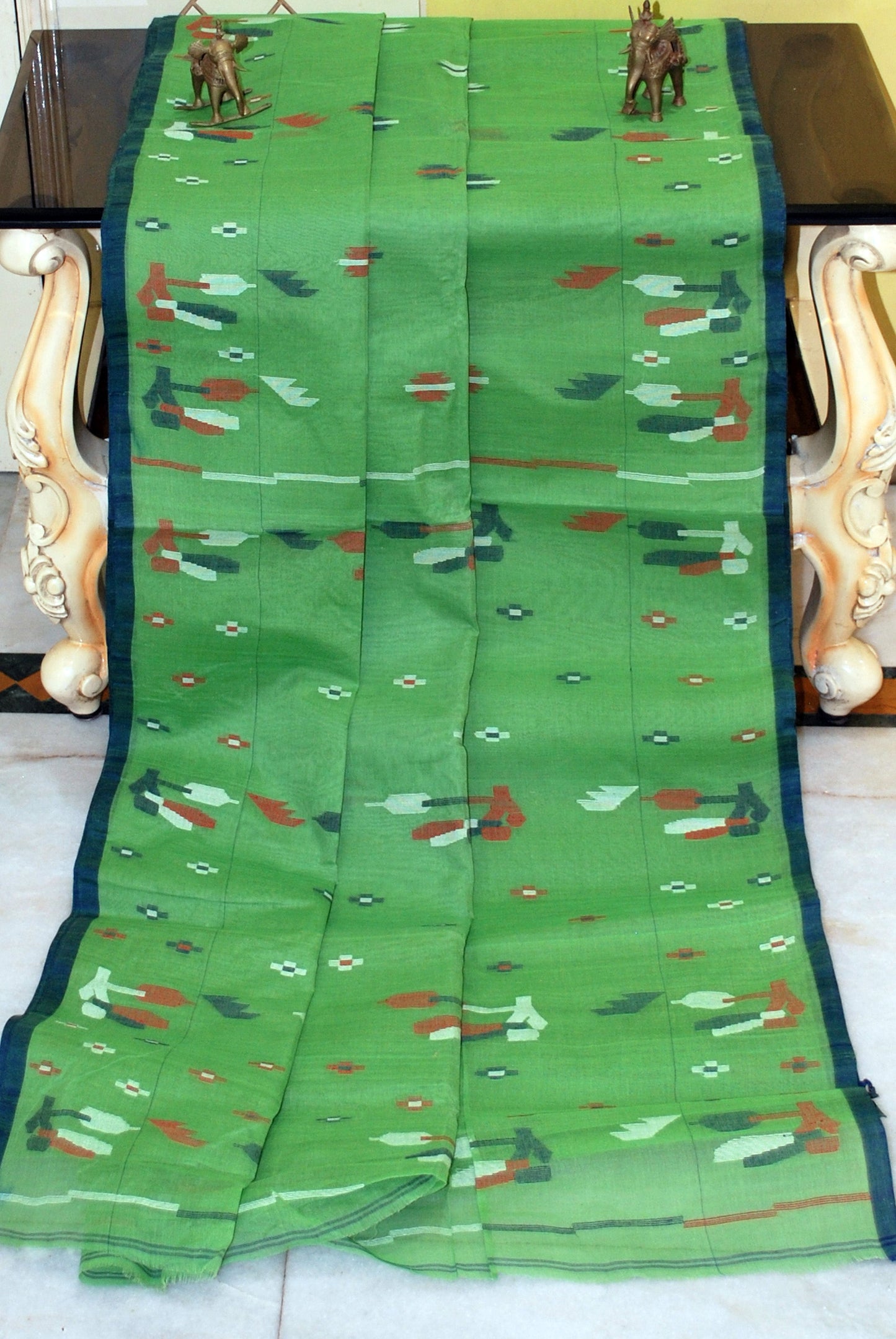 Traditional Hand Karat Work Cotton Jamdani Saree in Fern Green, Navy Blue, Off White and Brown