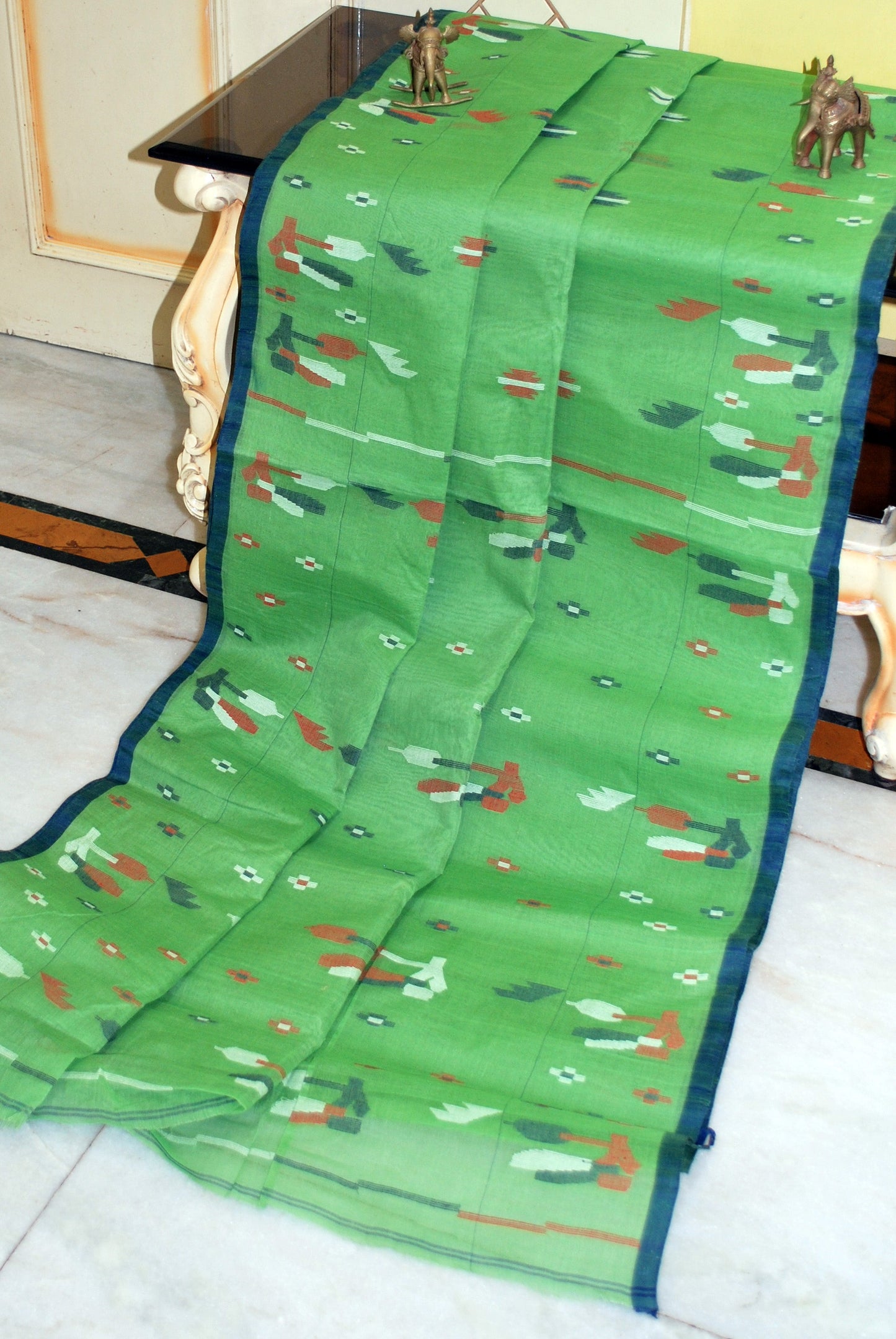 Traditional Hand Karat Work Cotton Jamdani Saree in Fern Green, Navy Blue, Off White and Brown