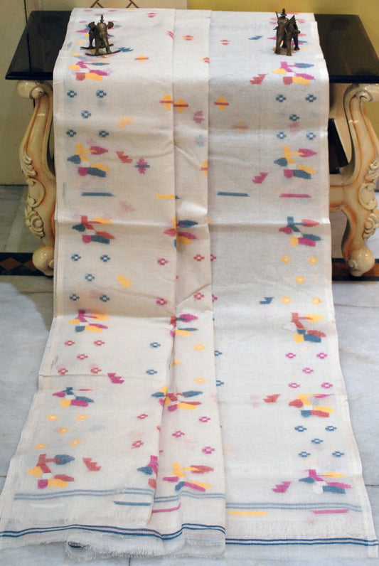 Traditional Hand Karat Work Cotton Jamdani Saree in Summer White, Golden Yellow, Red and Multicolored Thread Work