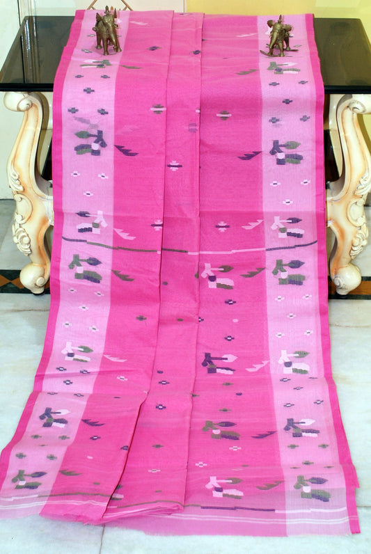 Traditional Hand Karat Work Cotton Jamdani Saree in Watermelon Pink, Green, Black and Off White Thread Work