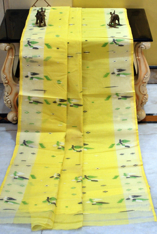 Traditional Hand Karat Work Cotton Jamdani Saree in Lemon Yellow, Off White, Green and Black