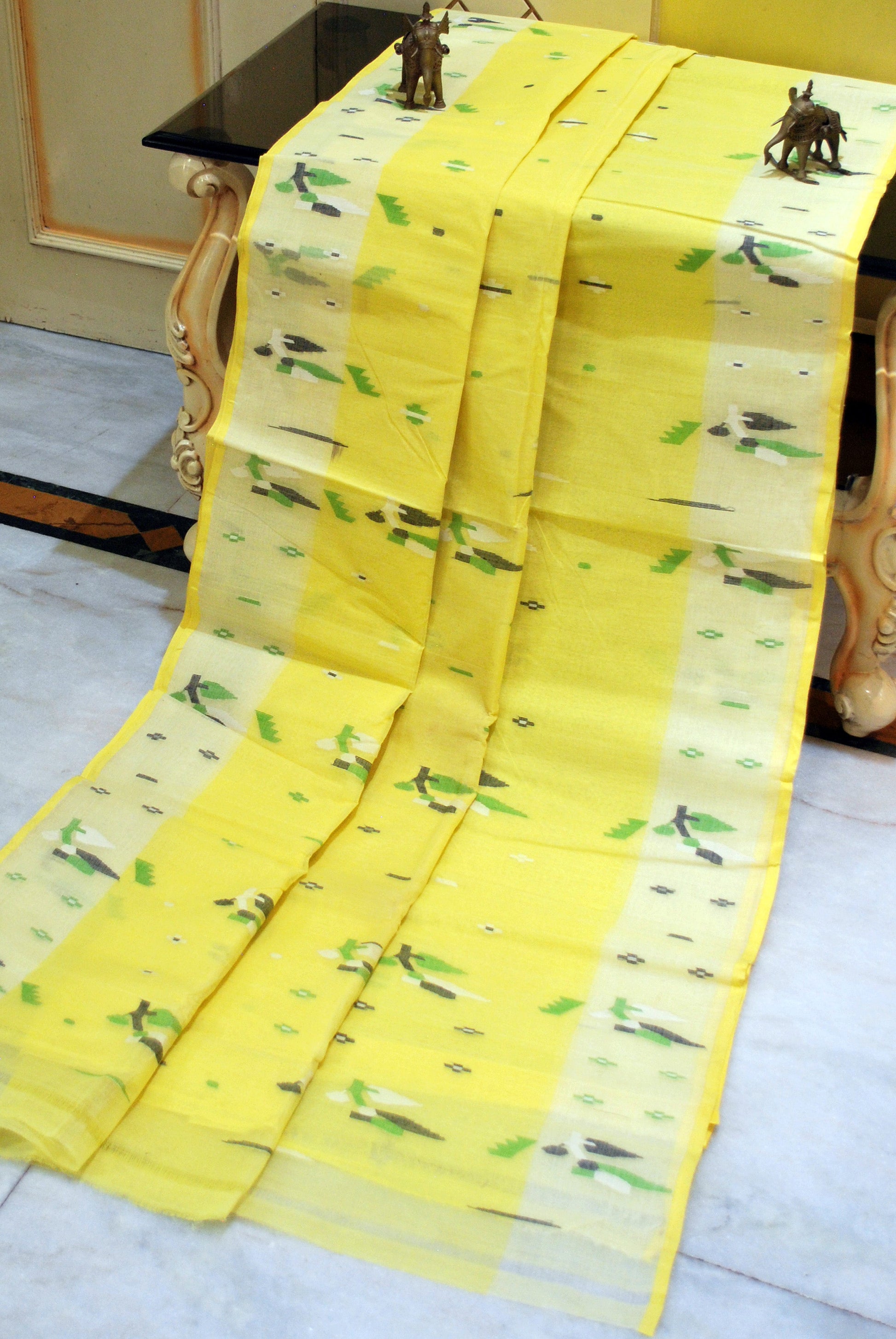 Traditional Hand Karat Work Cotton Jamdani Saree in Lemon Yellow, Off White, Green and Black