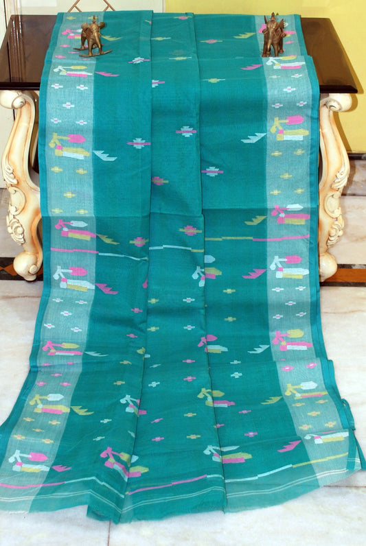 Traditional Hand Karat Work Cotton Jamdani Saree in Sea Green, Pink and Multicolored Thread Work