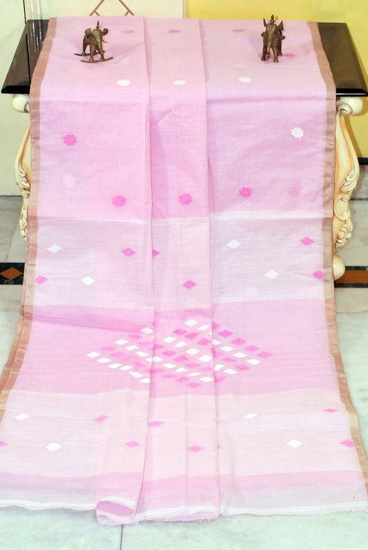 Rhombus Motif Pallu Hand Work Cotton Dhakai Jamdani Saree in Frosted Pink, Purple and White