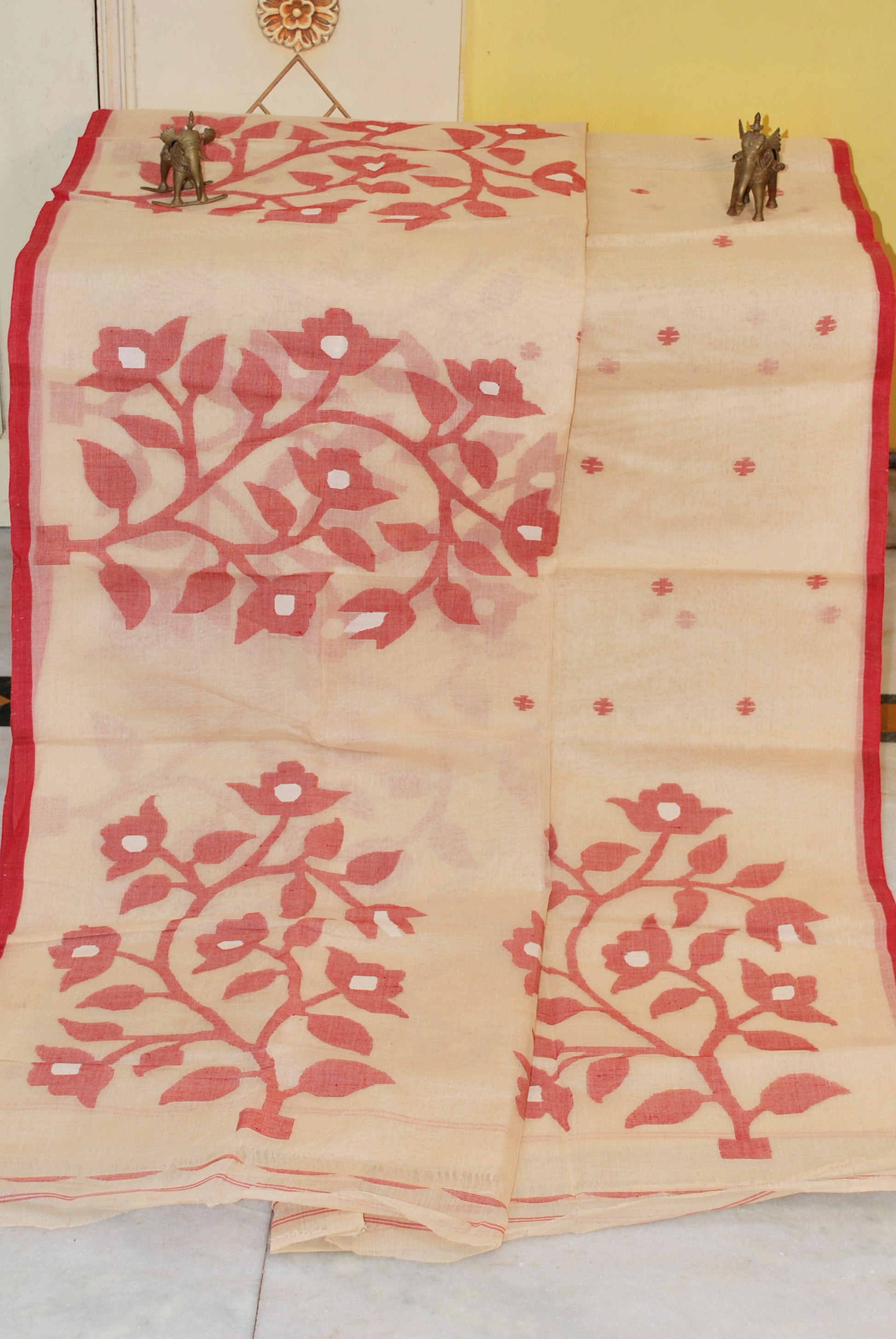 Skirt Nakshi Hand Work Jamdani Saree in Peach Yellow, Red and Off White Thread Work