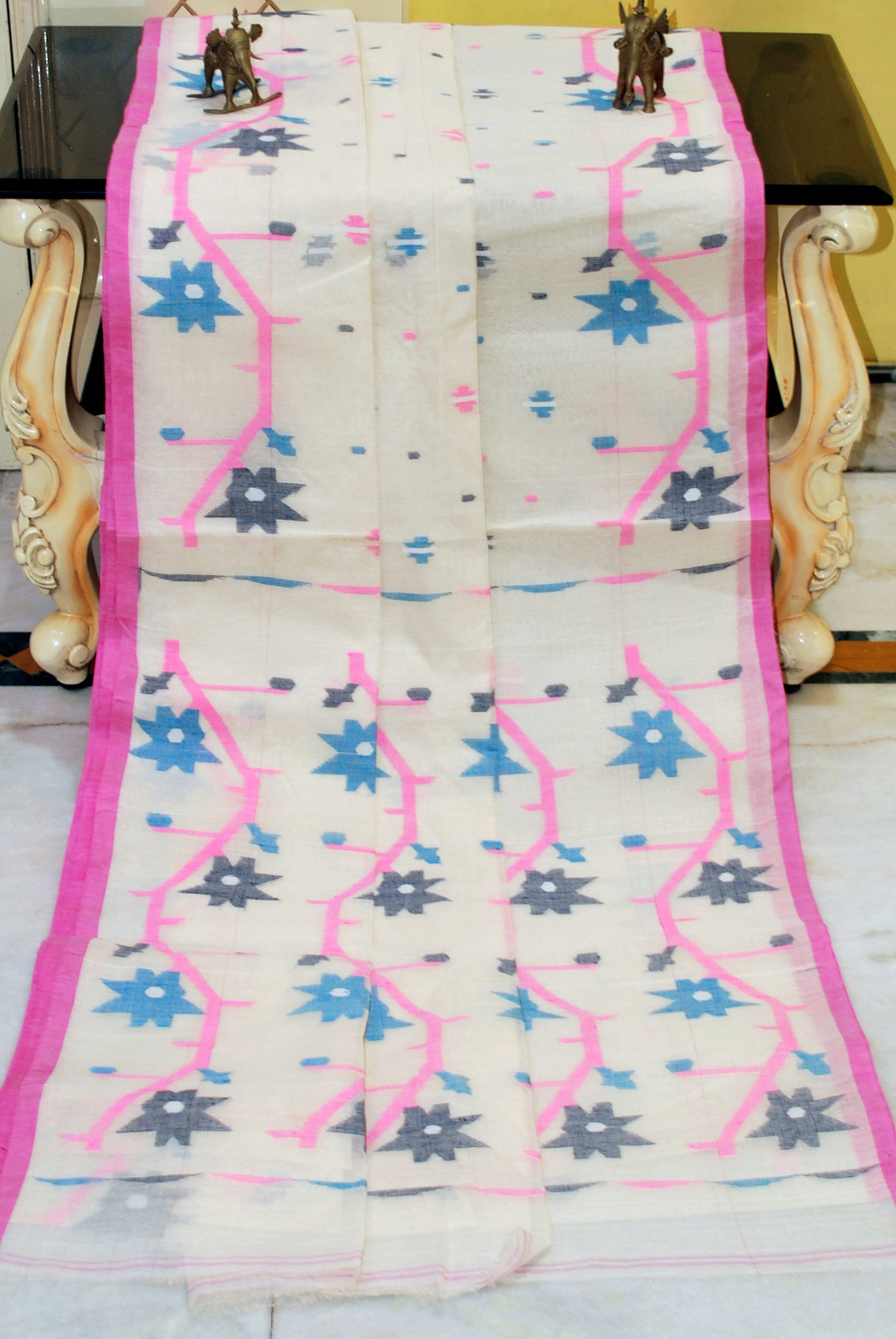 Hand Woven Cotton Dhakai Jamdani Saree in Off White, Pink, Strobe Blue and Black