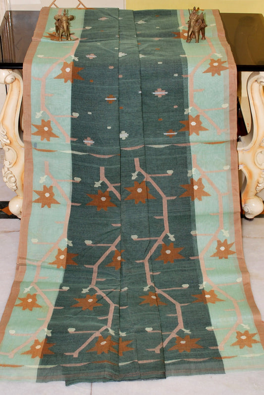 Hand Woven Cotton Dhakai Jamdani Saree in Juniper Green, Sepia, Paste Green, Brown and Off White