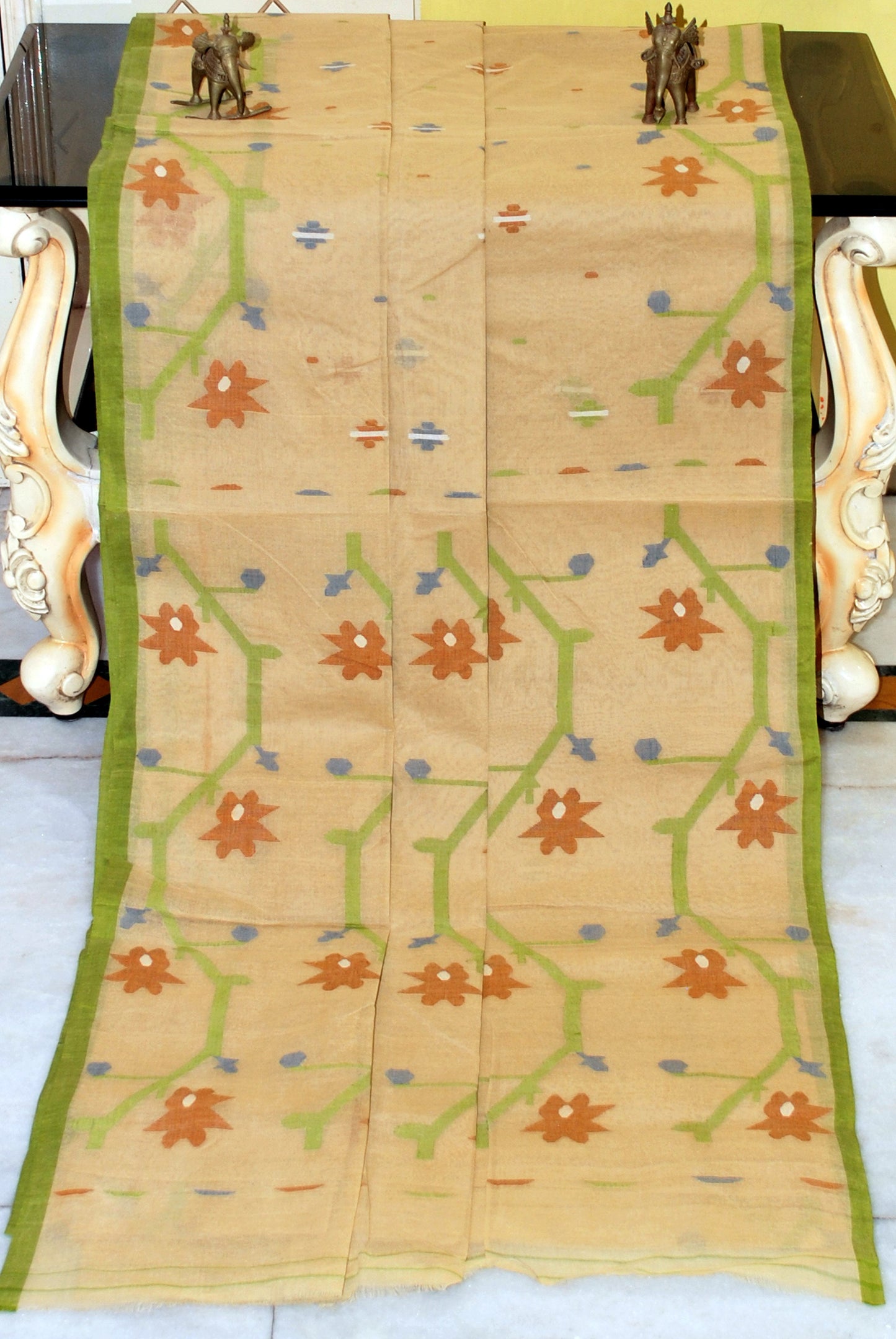 Hand Woven Cotton Dhakai Jamdani Saree in Beige, Green, Brown, Blue and Off White