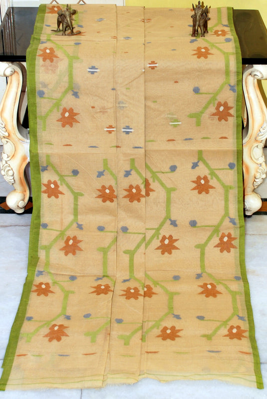 Hand Woven Cotton Dhakai Jamdani Saree in Beige, Green, Brown, Blue and Off White