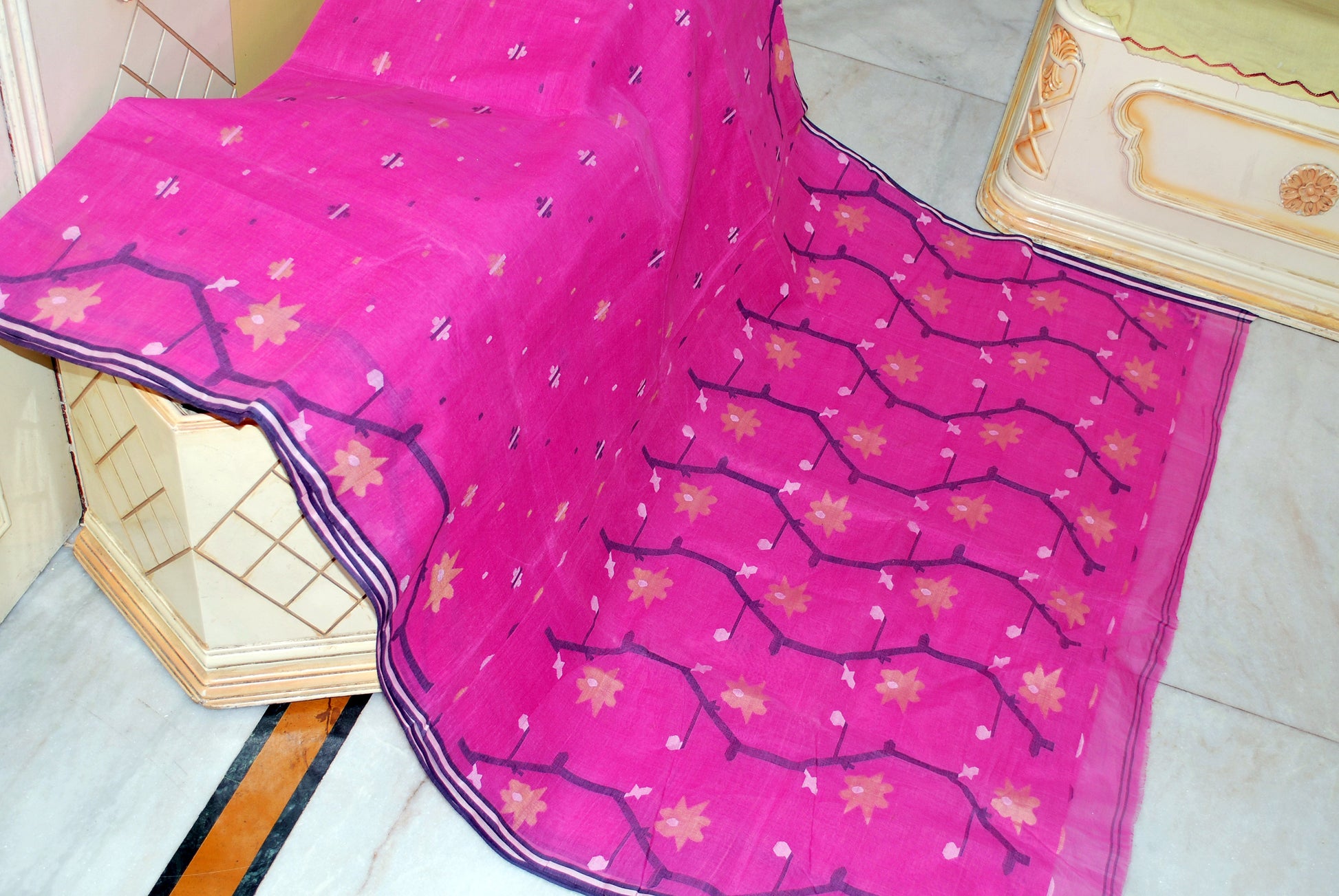 Hand Woven Cotton Dhakai Jamdani Saree in Pink, Midnight Blue, Beige and Off White