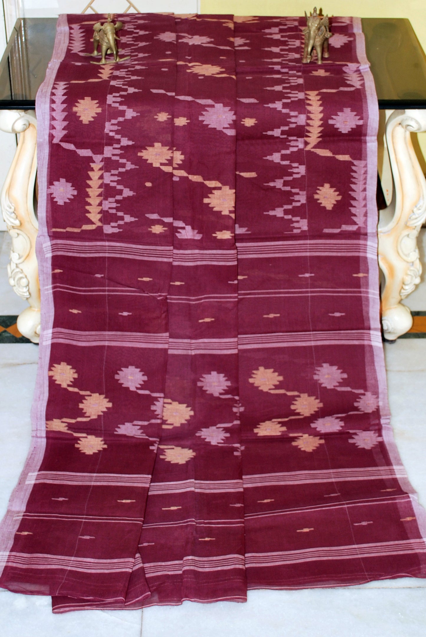 Hand Karat Work Cotton Dhakai Jamdani Saree in Wine, Beige and Off White