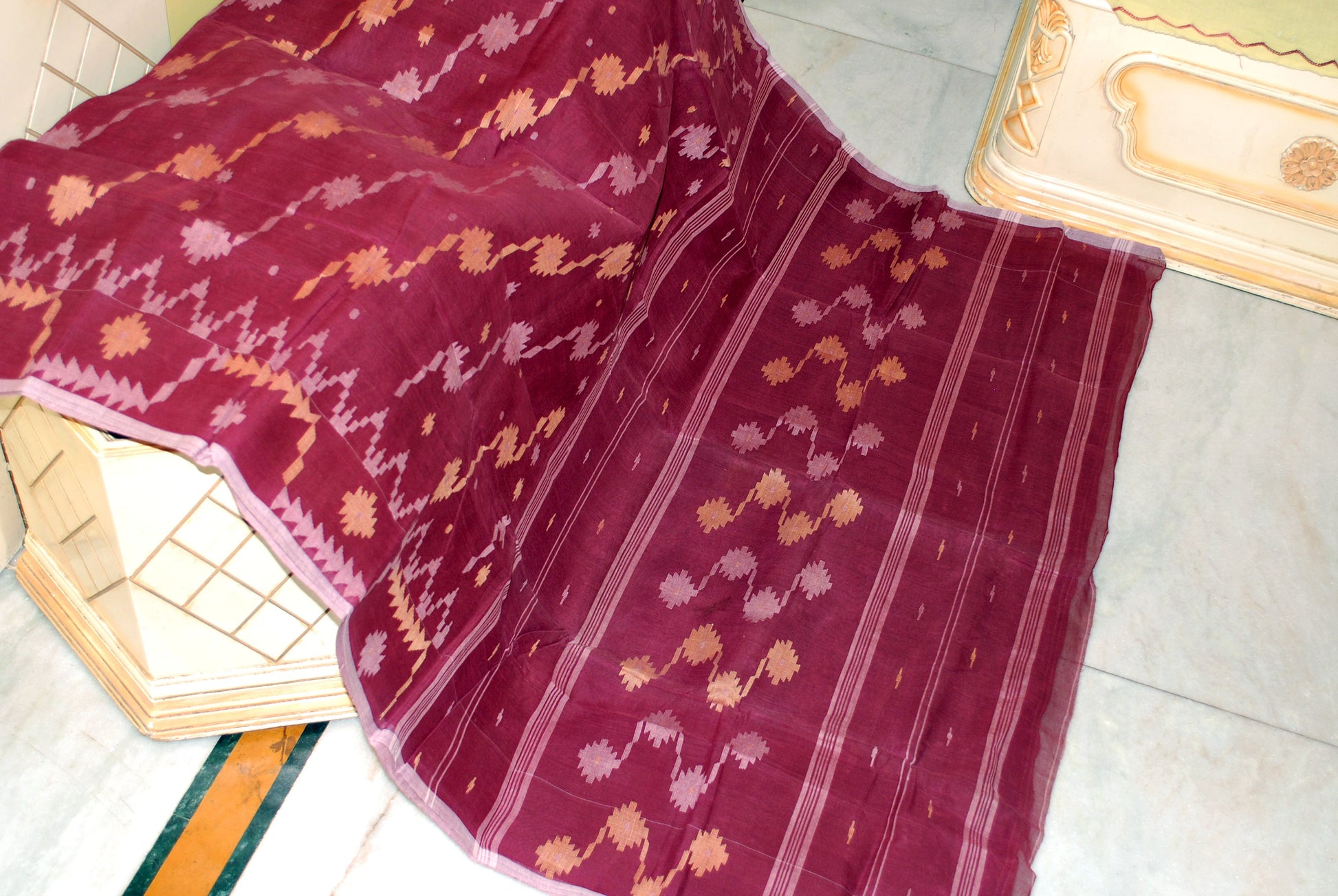 Hand Karat Work Cotton Dhakai Jamdani Saree in Wine, Beige and Off White