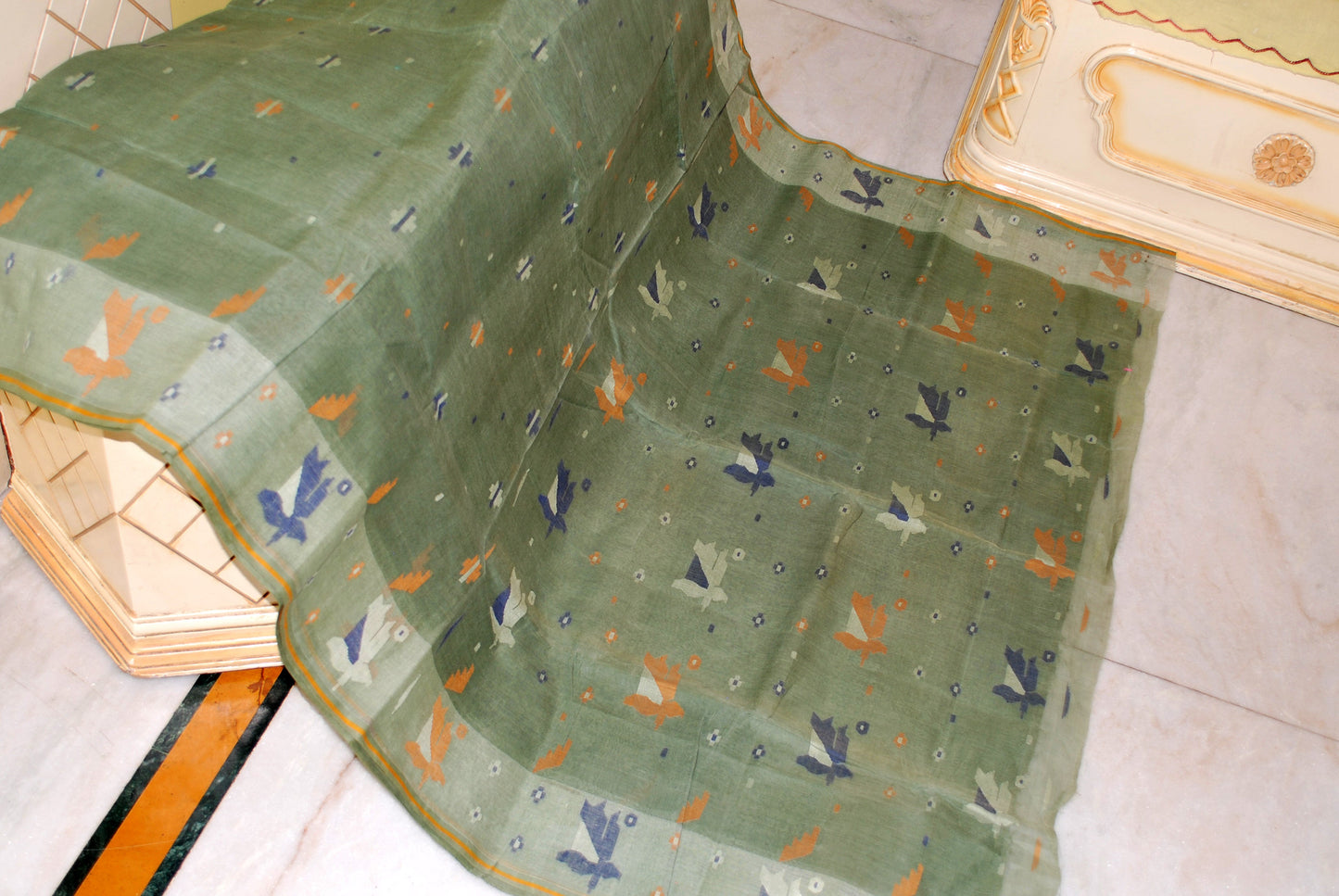 Traditional Hand Karat Work Cotton Jamdani Saree in Military Green, Navy Blue, Off White and Brown