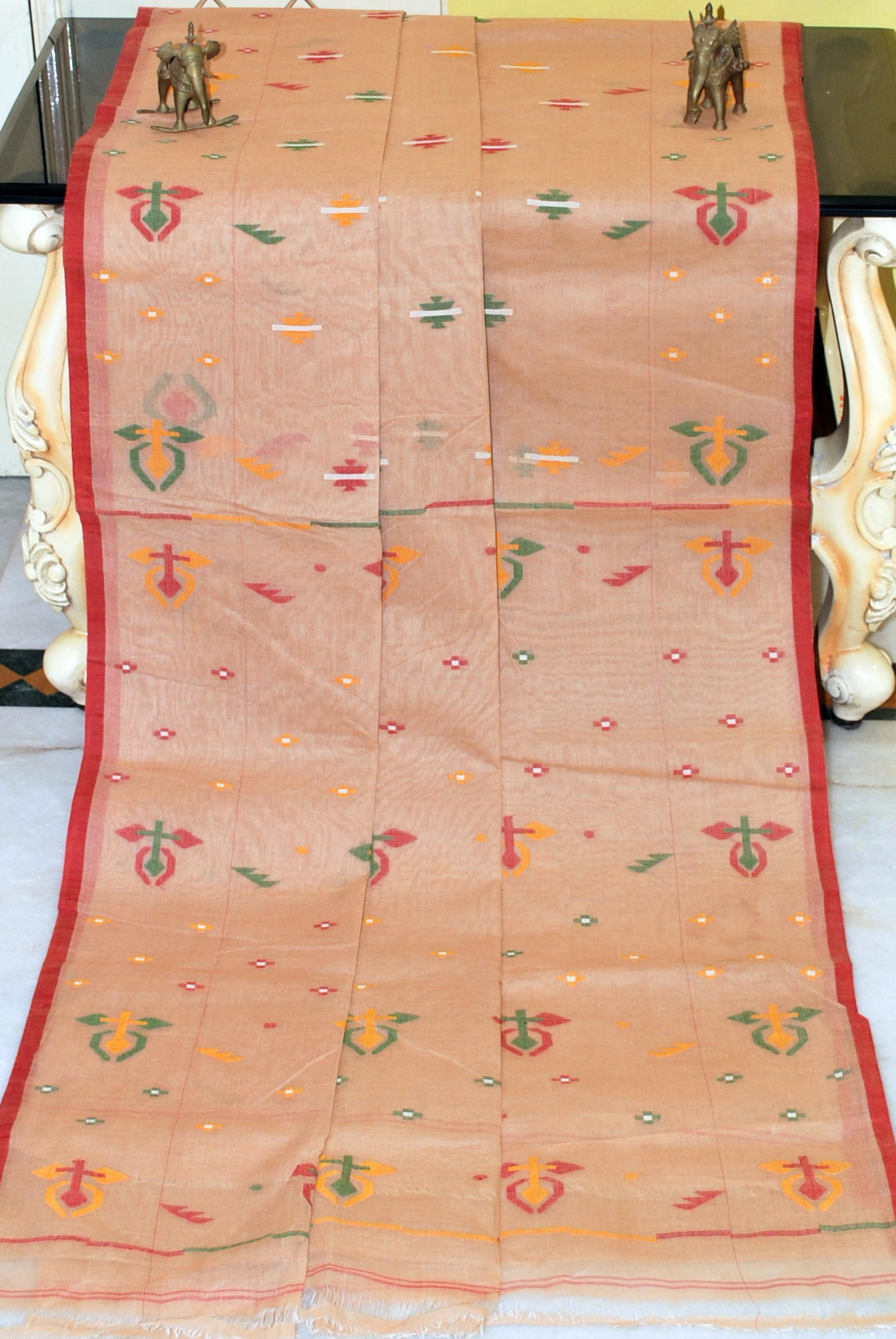 Traditional Hand Karat Work Cotton Jamdani Saree in Warm Beige, Red and Multicolored Thread Work