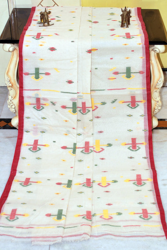 Traditional Hand Karat Work Cotton Jamdani Saree in Off White, Red and Multicolored Thread Work