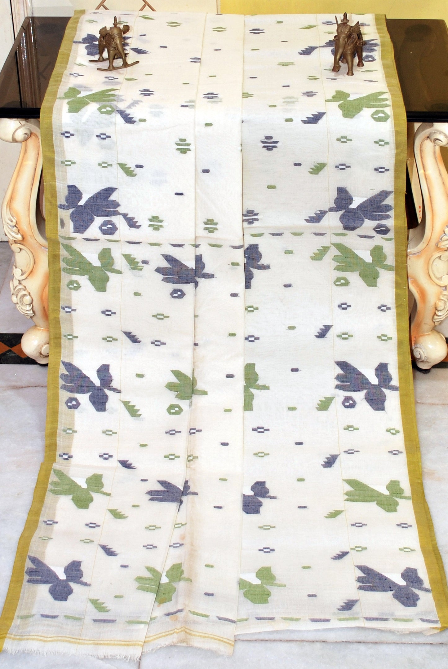 Traditional Hand Karat Work Cotton Jamdani Saree in Off White, Pistachio Green and Navy Blue