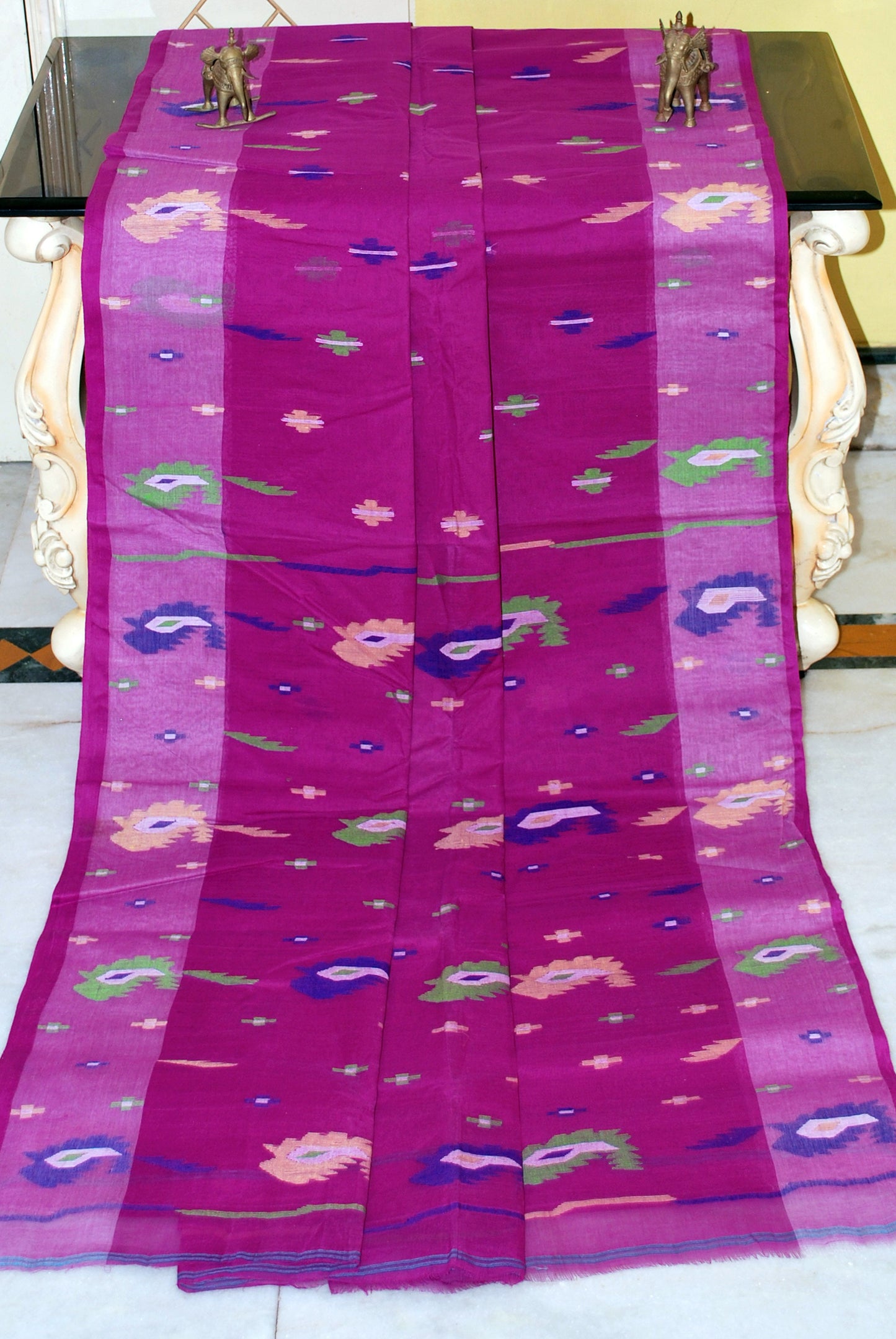 Traditional Hand Karat Work Cotton Jamdani Saree in Purple and Multicolored Thread Work