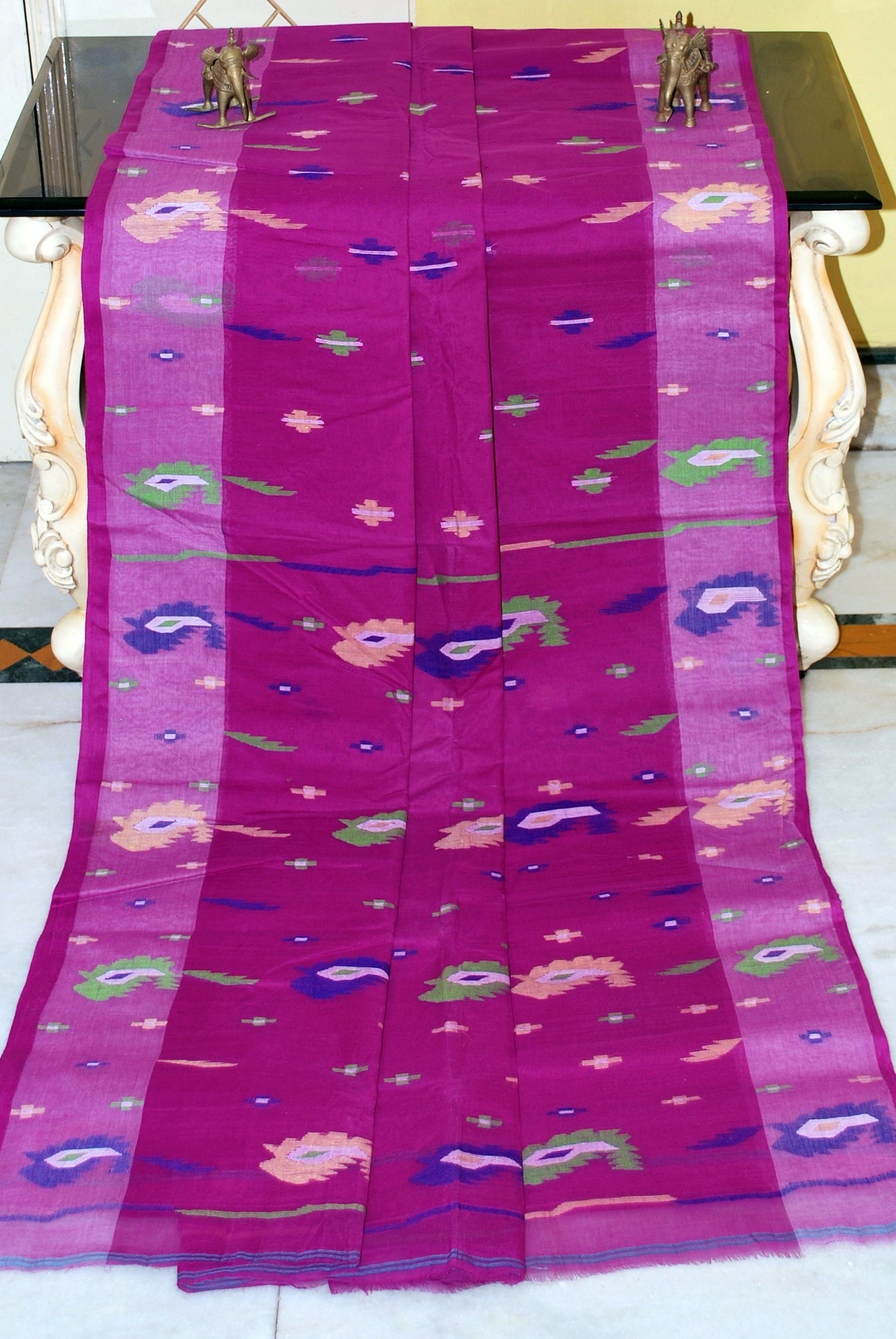 Traditional Hand Karat Work Cotton Jamdani Saree in Purple and Multicolored Thread Work