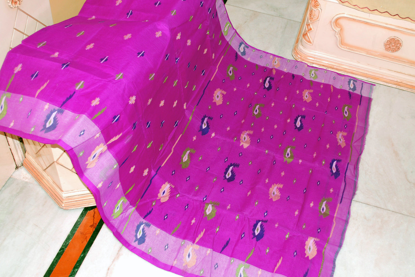 Traditional Hand Karat Work Cotton Jamdani Saree in Purple and Multicolored Thread Work