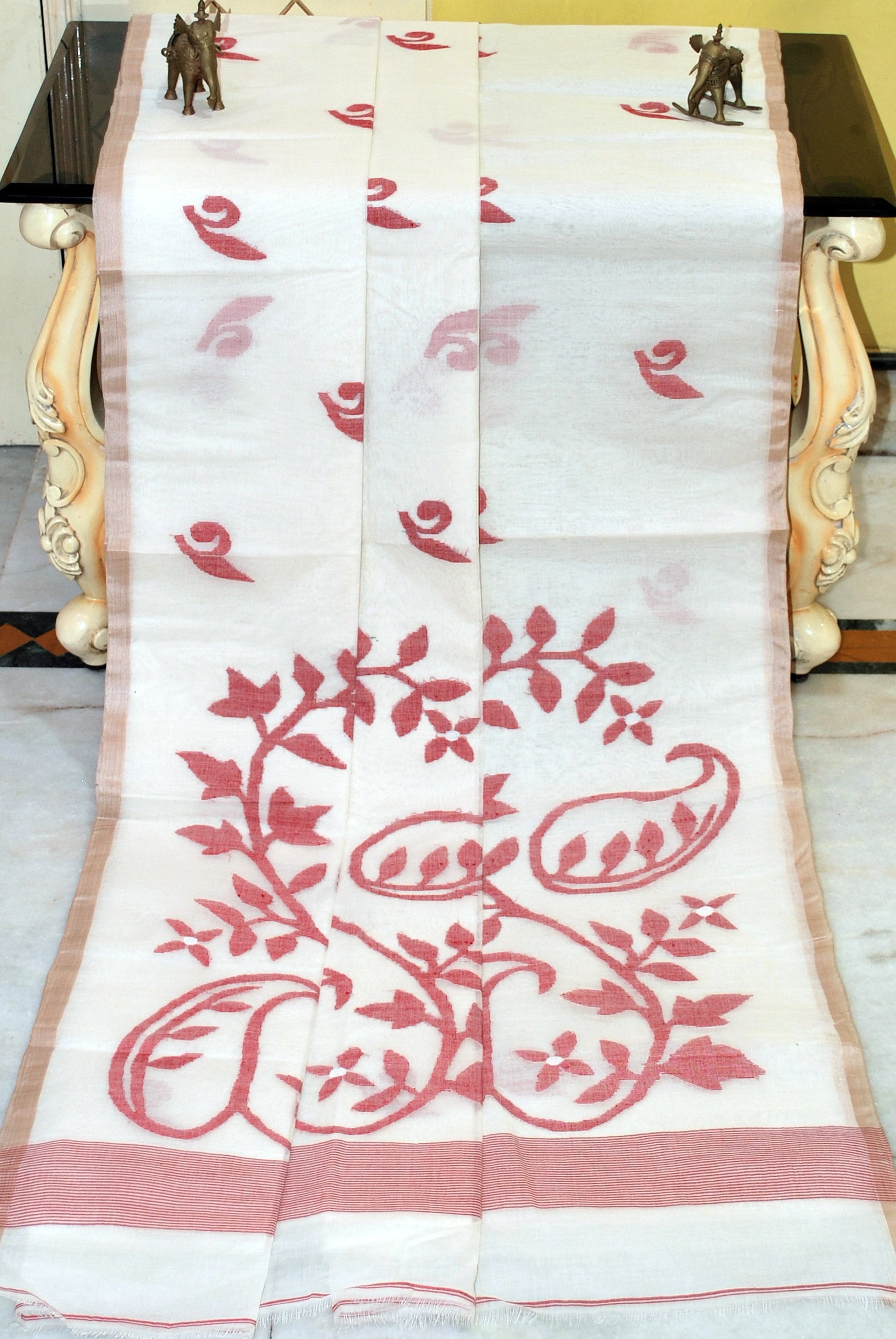 Hand Work Nakshi Butta Cotton Dhakai Jamdani Saree in White, Beige and Red Thread Work