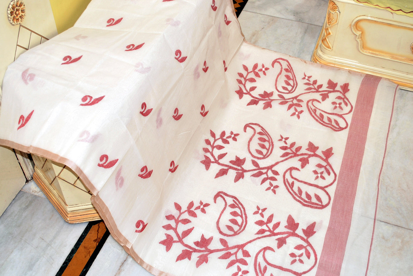 Hand Work Nakshi Butta Cotton Dhakai Jamdani Saree in White, Beige and Red Thread Work