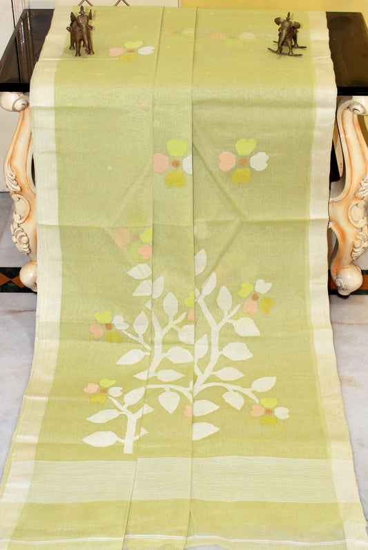 Hand Work Nakshi Butta Cotton Dhakai Jamdani Saree in Pastel Olive Green and Multicolor Thread Work