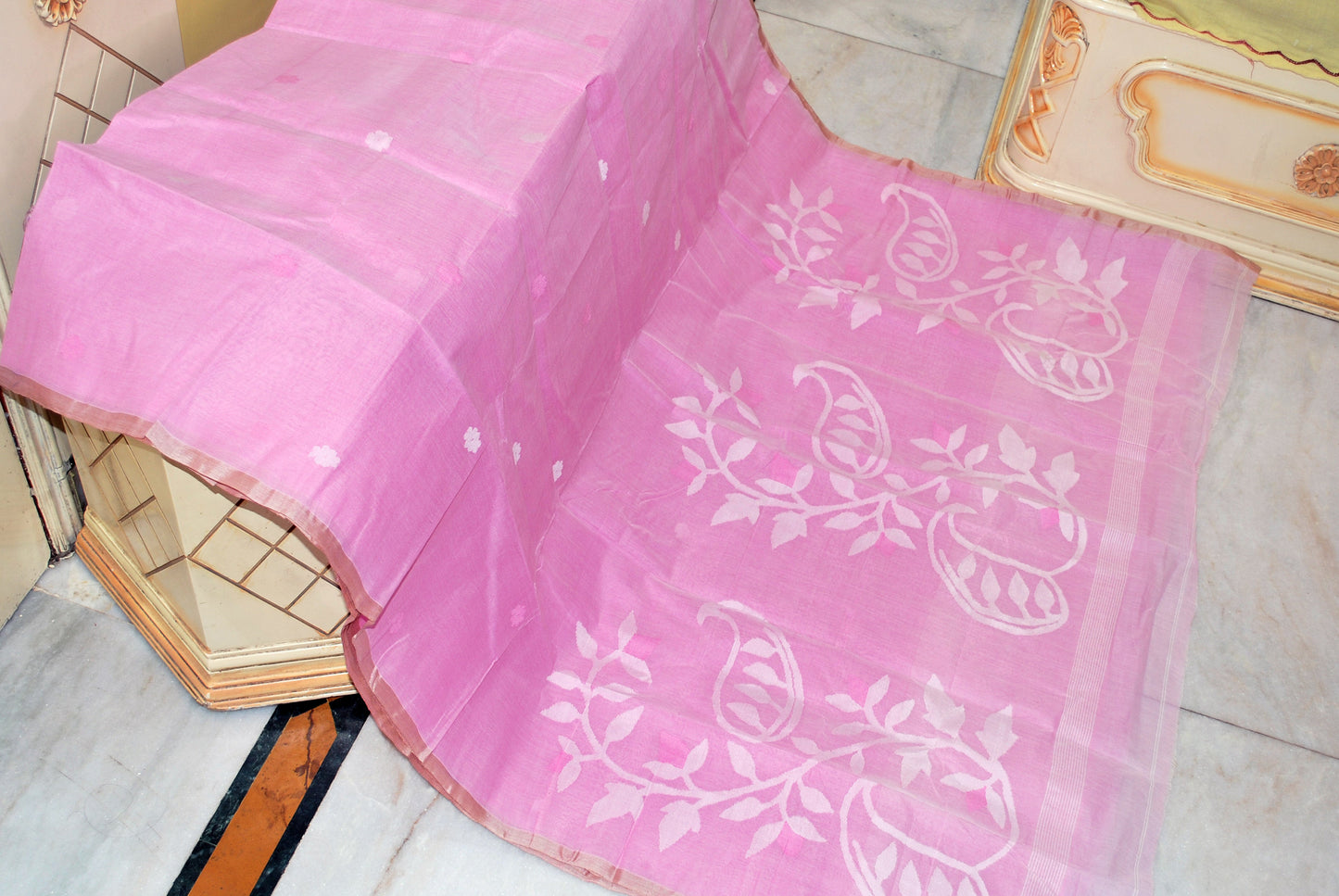 Hand Work Nakshi Butta Cotton Dhakai Jamdani Saree in Pink, Beige and White Thread Work