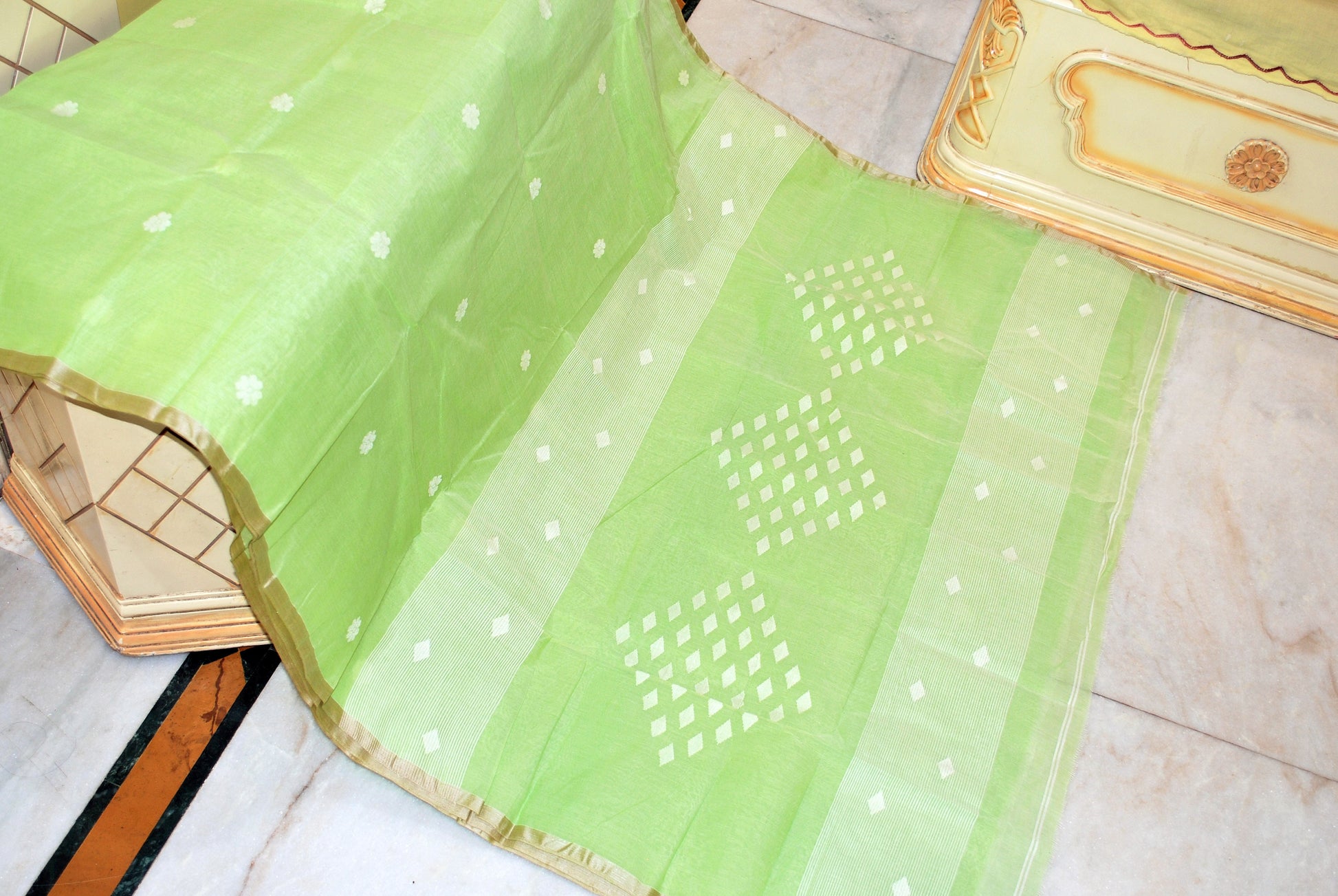 Rhombus Motif Pallu Hand Work Cotton Dhakai Jamdani Saree in Crayola Yellow Green and White