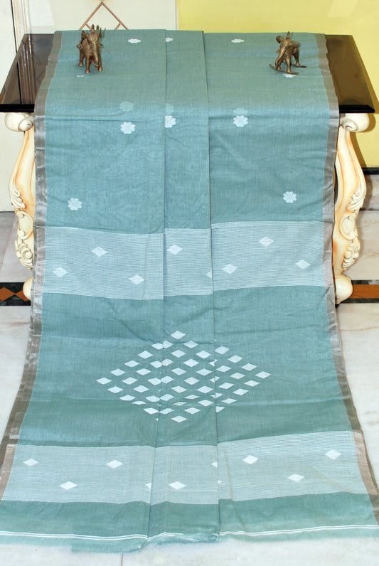 Rhombus Motif Pallu Hand Work Cotton Dhakai Jamdani Saree in Myrtle Green and White