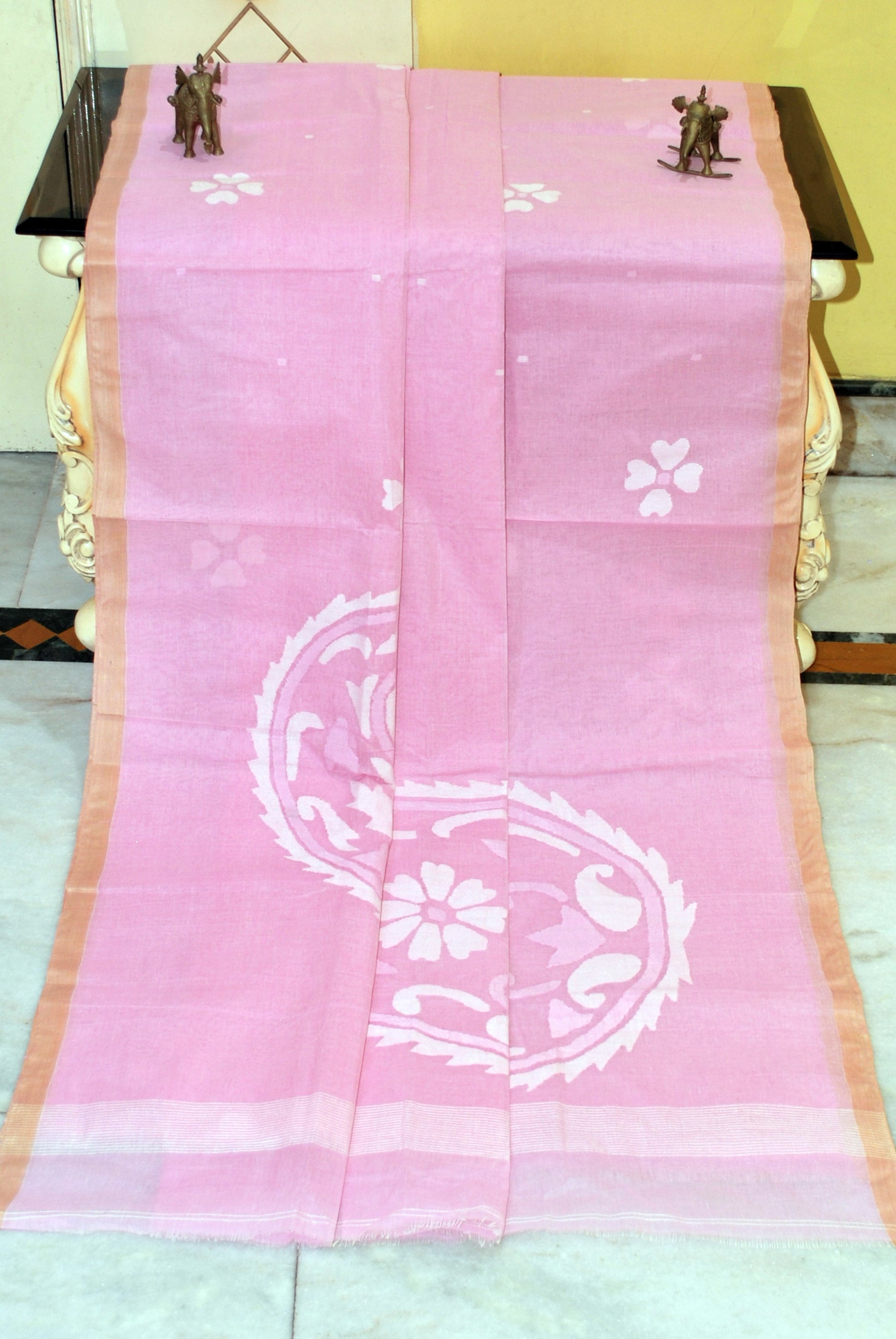 Hand Work Nakshi Butta Cotton Dhakai Jamdani Saree in Baby Pink , Off White and Beige Thread Work