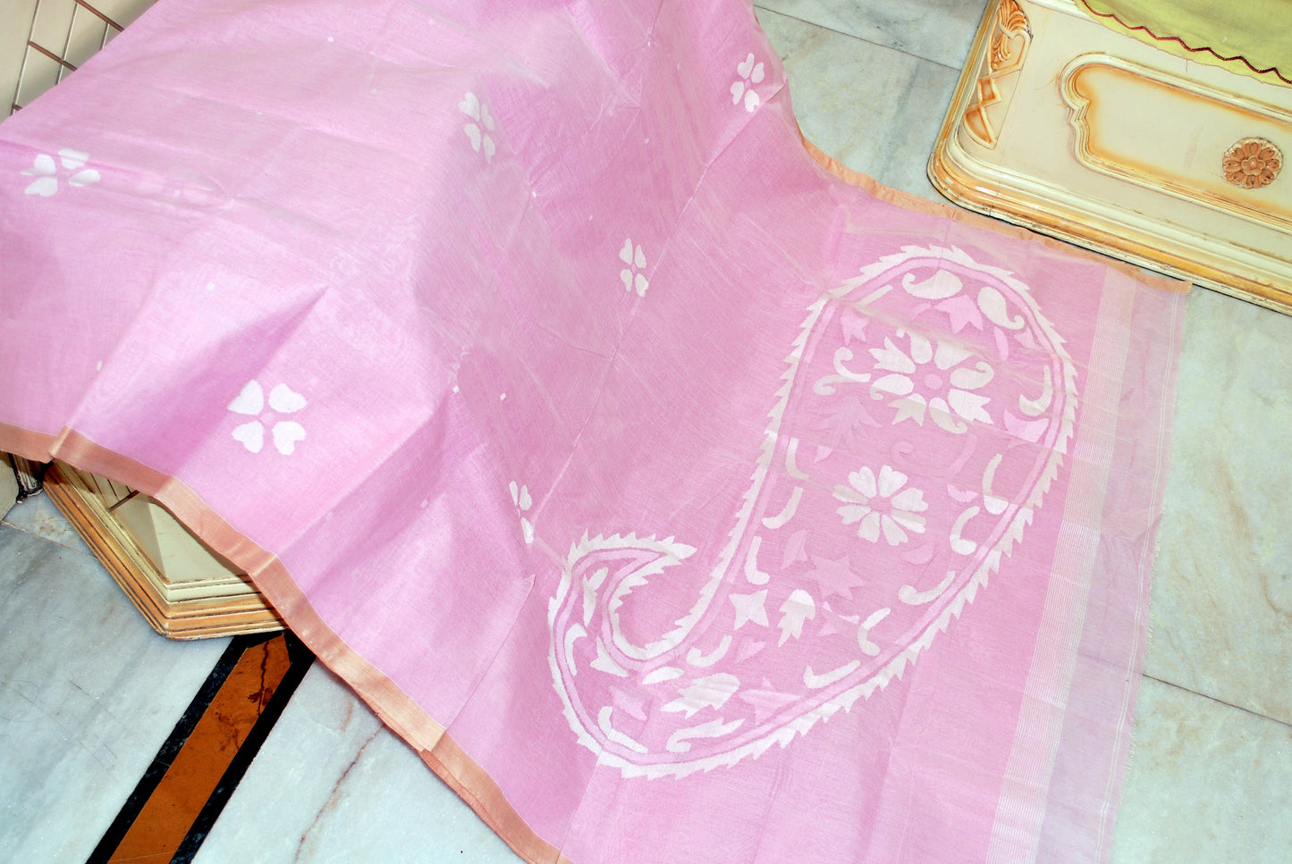 Hand Work Nakshi Butta Cotton Dhakai Jamdani Saree in Baby Pink , Off White and Beige Thread Work