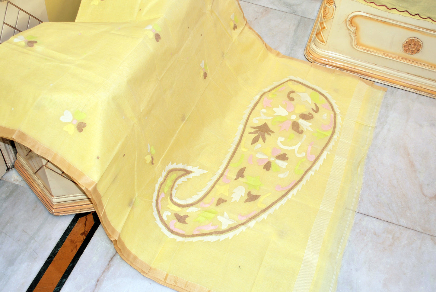 Hand Work Nakshi Butta Cotton Dhakai Jamdani Saree in Crayola Lemon Yellow and Multicolored Thread Work