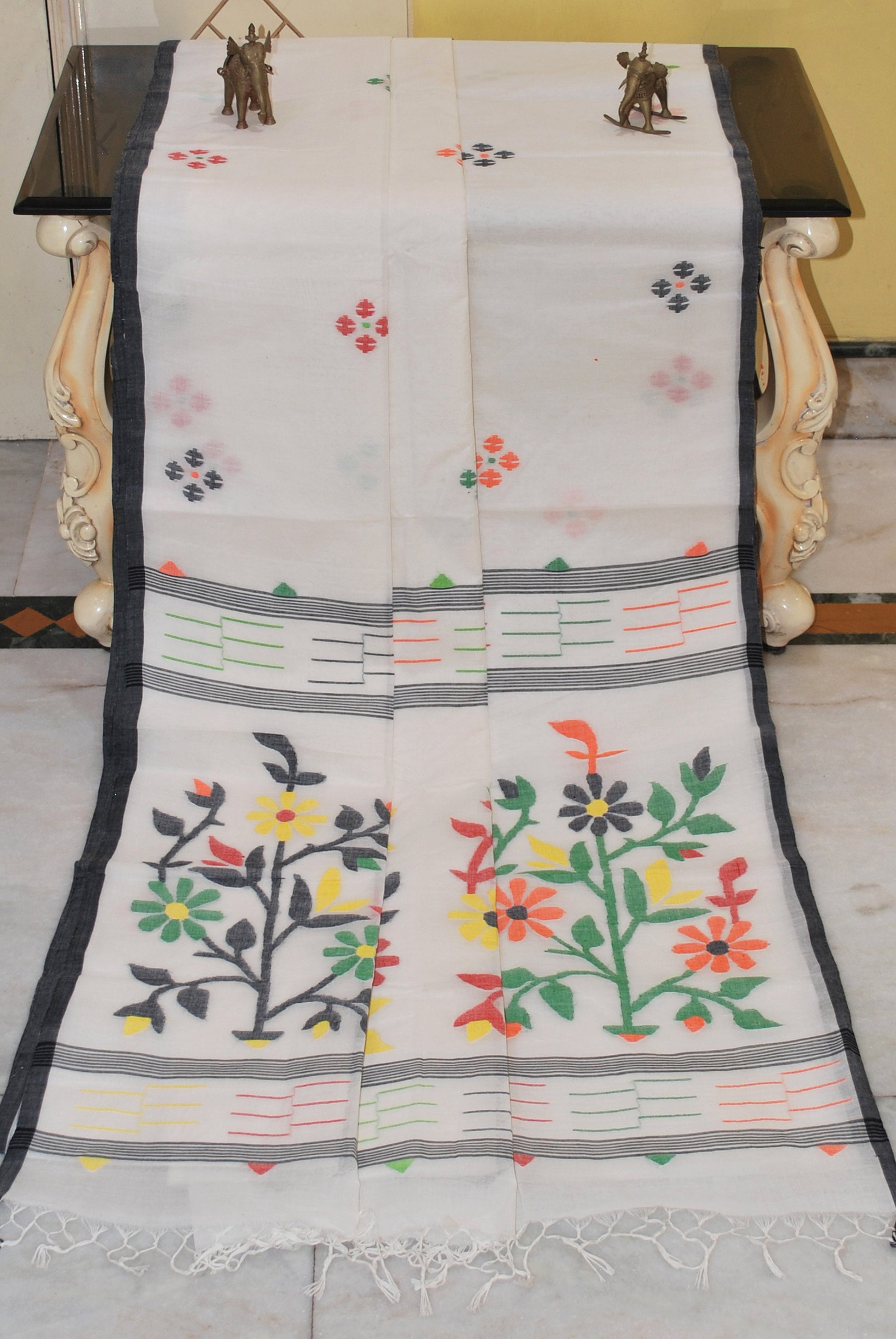 Hand Work Karat Nakshi Butta Cotton Dhakai Jamdani Saree in Off White, Black and Multicolored Thread Work