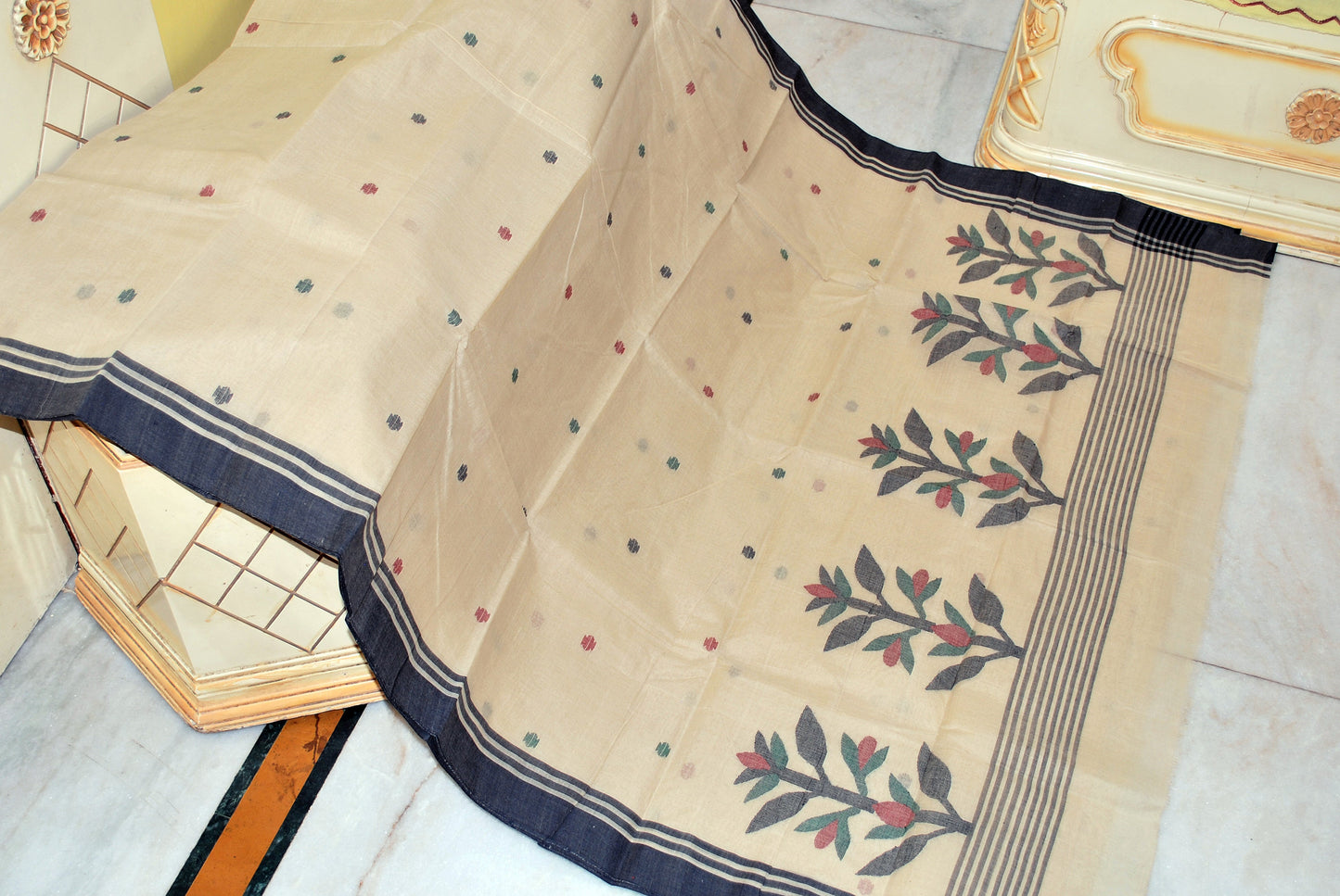 Hand Work Cotton Dhakai Jamdani Saree in Beige, Black, Maroon and Dark Green