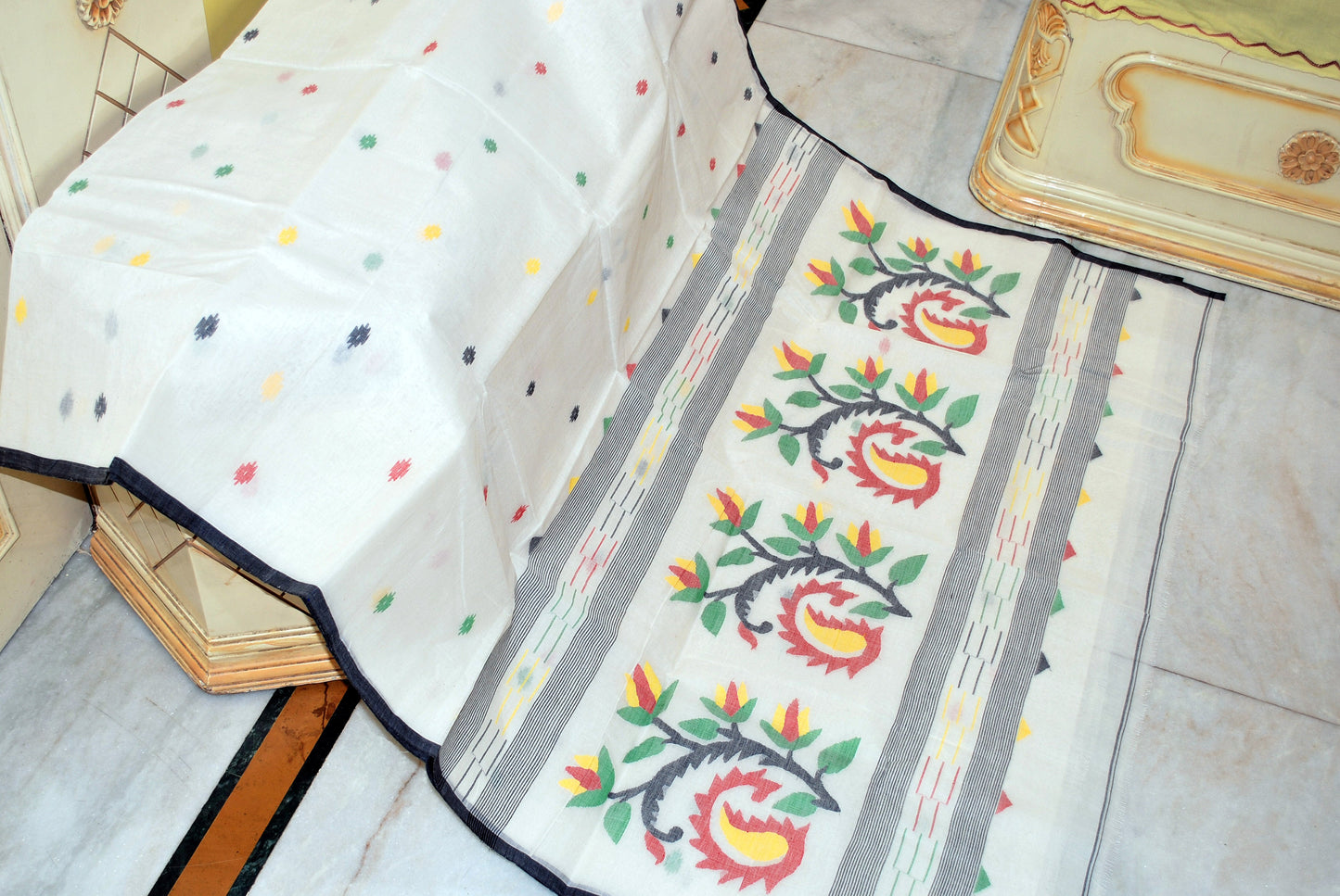 Hand Work Cotton Dhakai Jamdani Saree in White, Black and Multicolor Thread Work