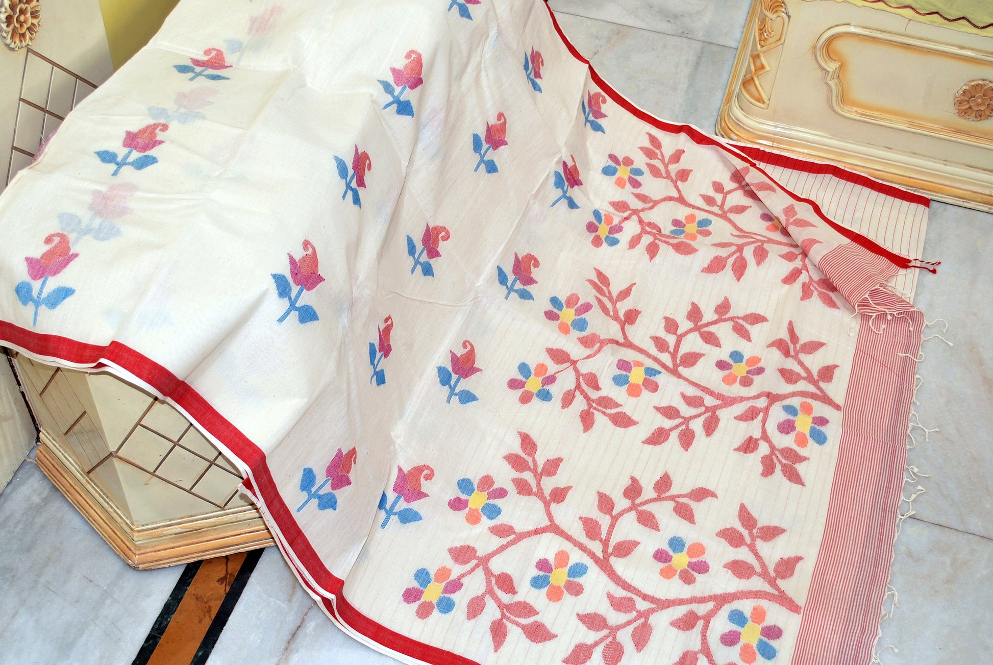 Premium Quality Hand Work Cotton Dhakai Jamdani Saree in Off White, Red and Multicolored Woven Thread Work