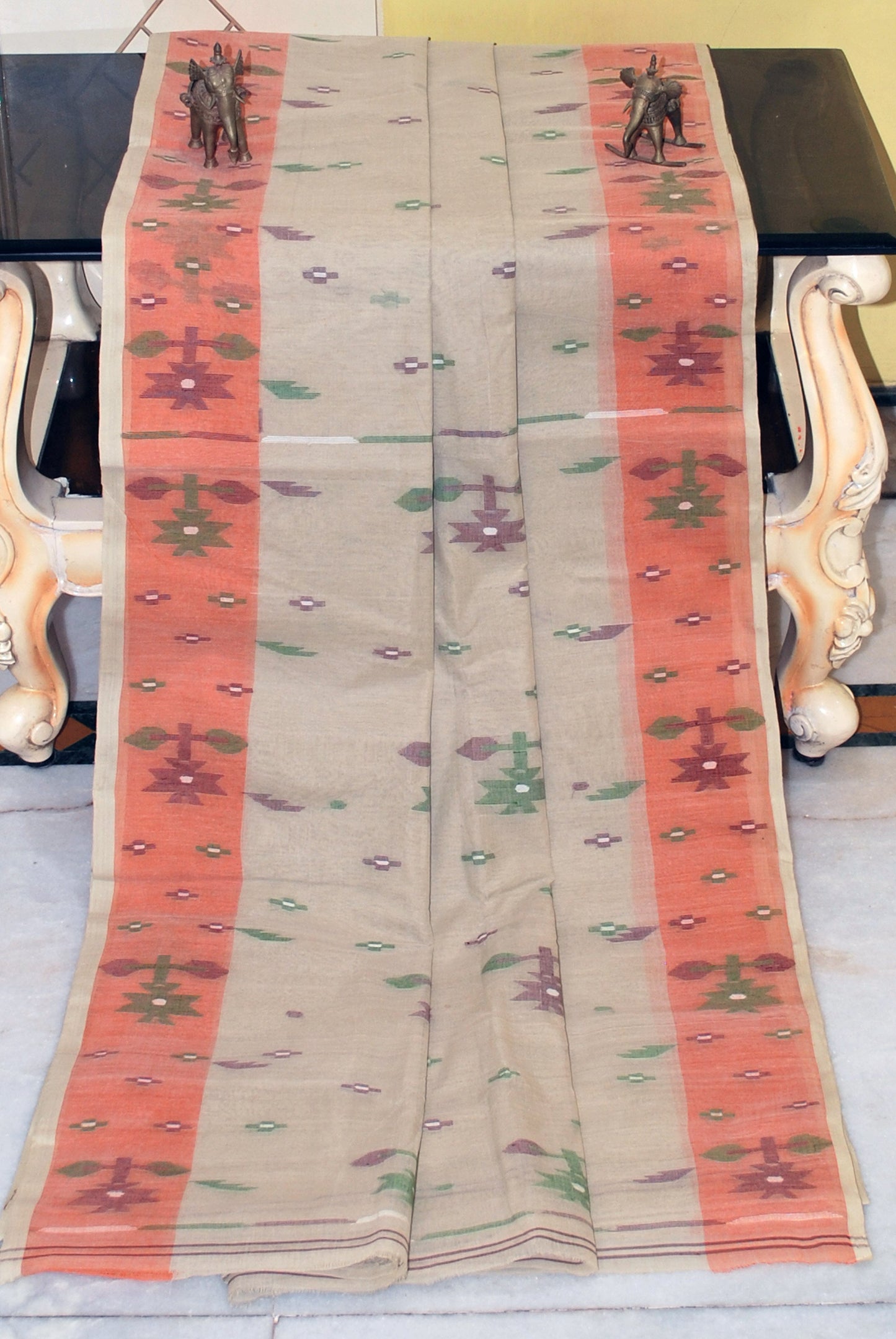 Traditional Hand Karat Work Cotton Jamdani Saree in Khaki, Orange and Multicolored Thread Work