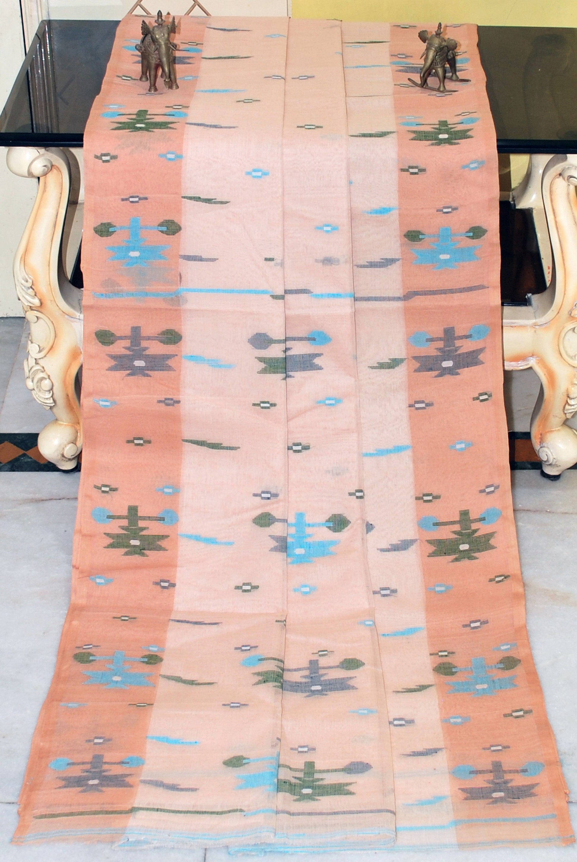 Traditional Hand Karat Work Cotton Jamdani Saree in Lemonade, Apricot, Black and Sky Blue Thread Work