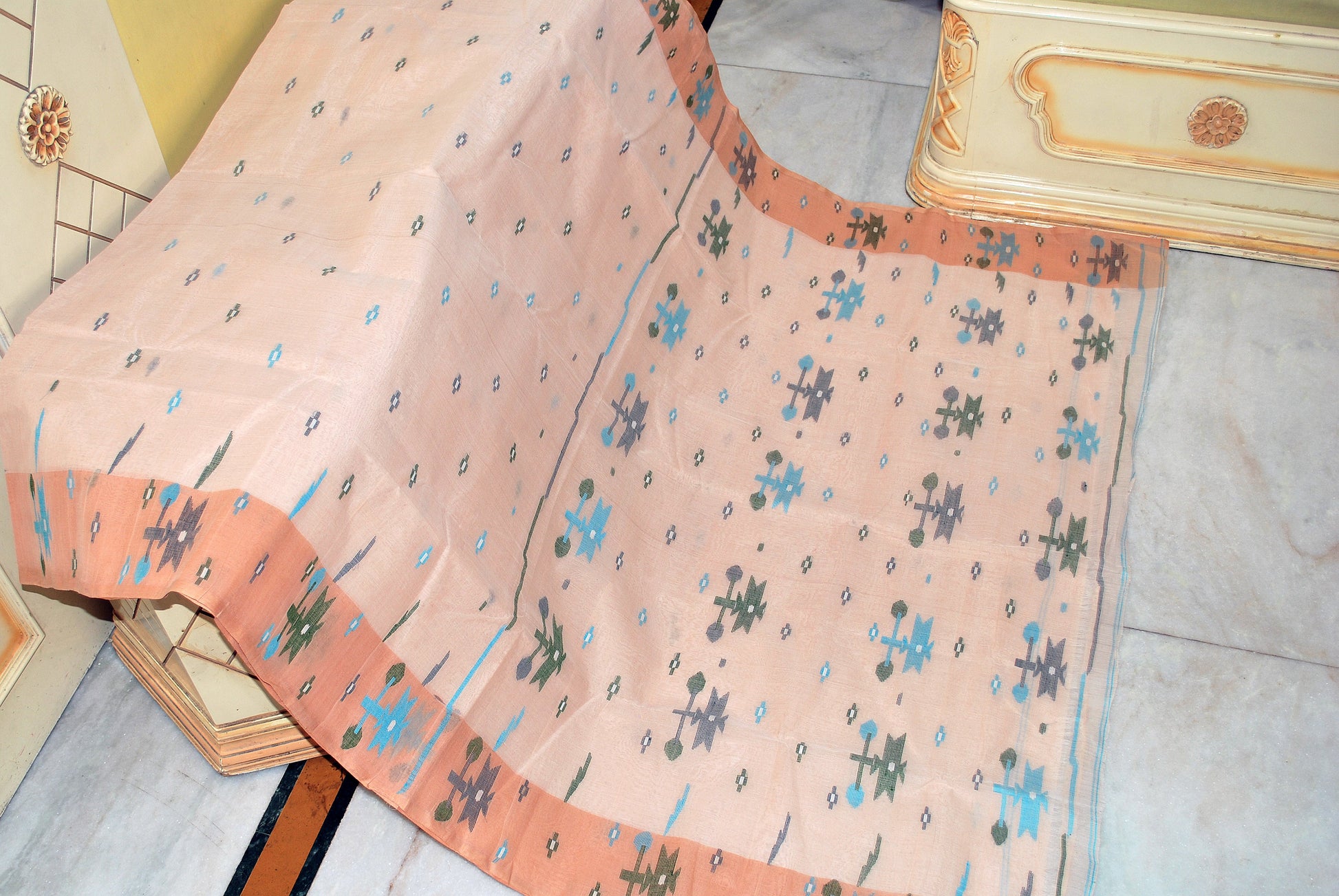 Traditional Hand Karat Work Cotton Jamdani Saree in Lemonade, Apricot, Black and Sky Blue Thread Work