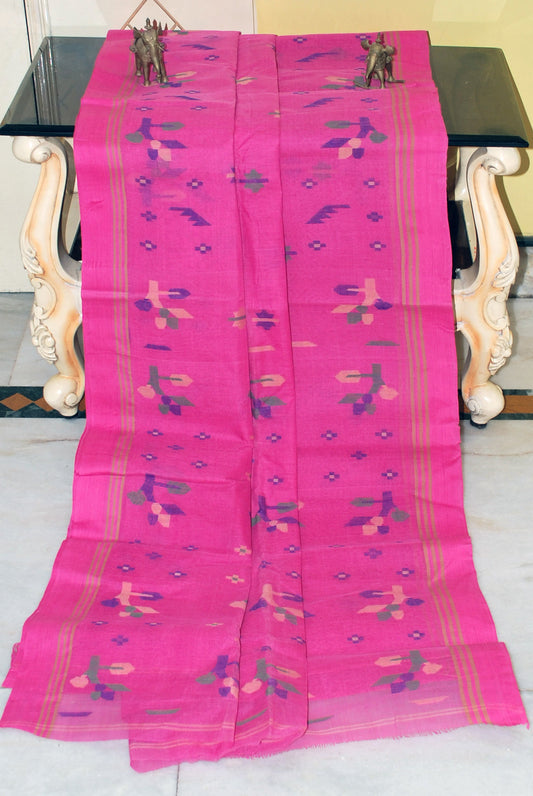 Traditional Hand Karat Work Cotton Jamdani Saree in Pink, Indigo Blue, Beige and Green Thread Work