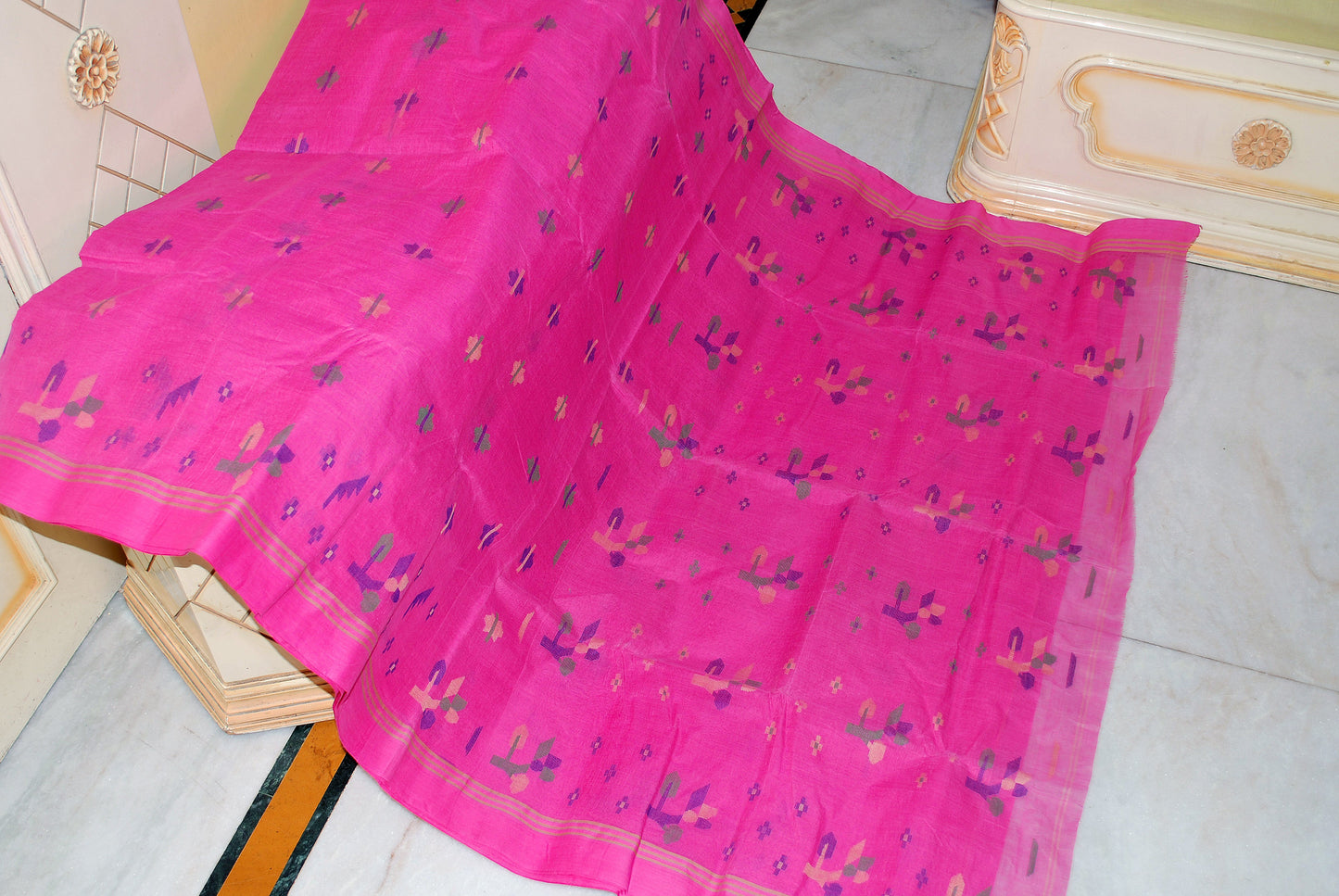 Traditional Hand Karat Work Cotton Jamdani Saree in Pink, Indigo Blue, Beige and Green Thread Work