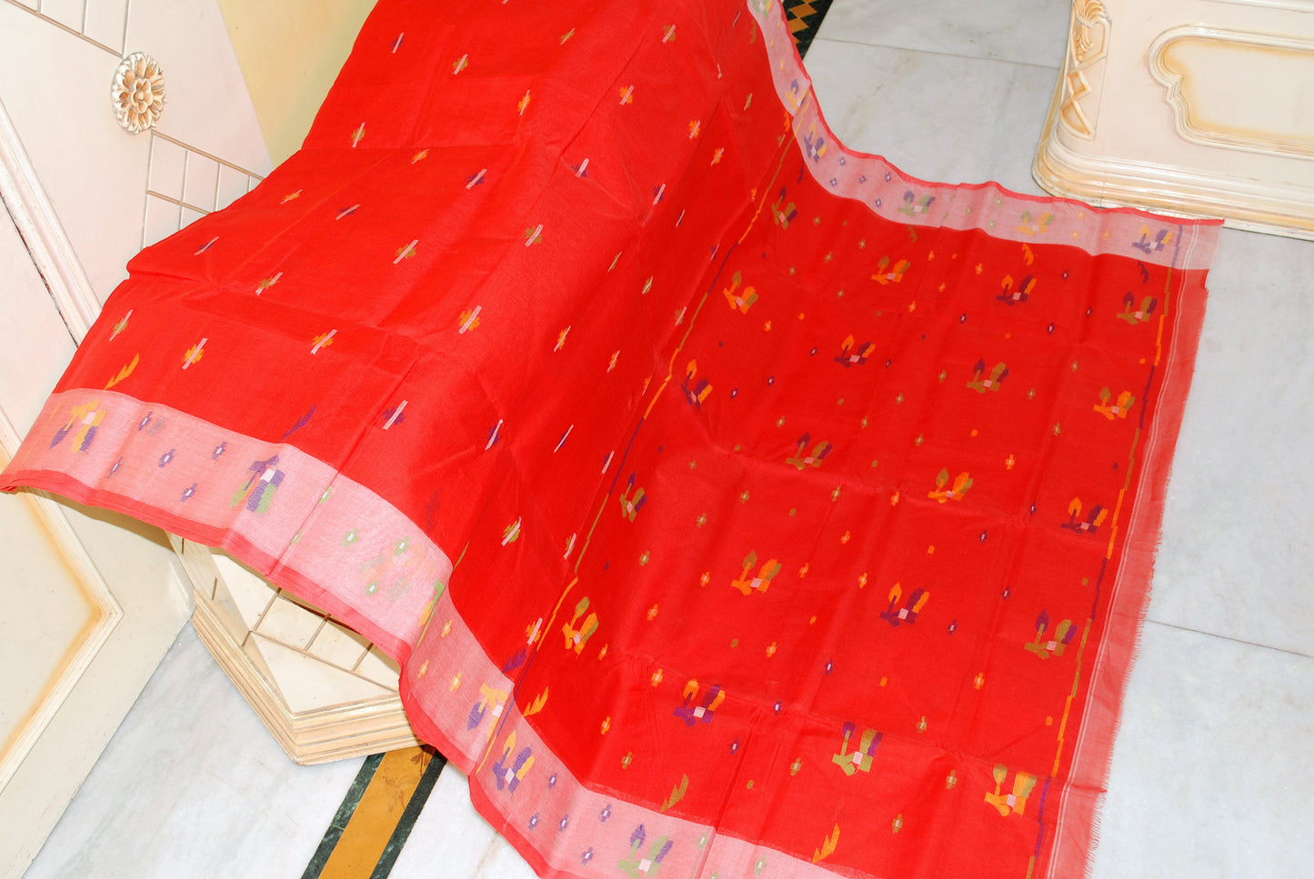 Traditional Hand Karat Work Cotton Jamdani Saree in Red and Multicolored Thread Work